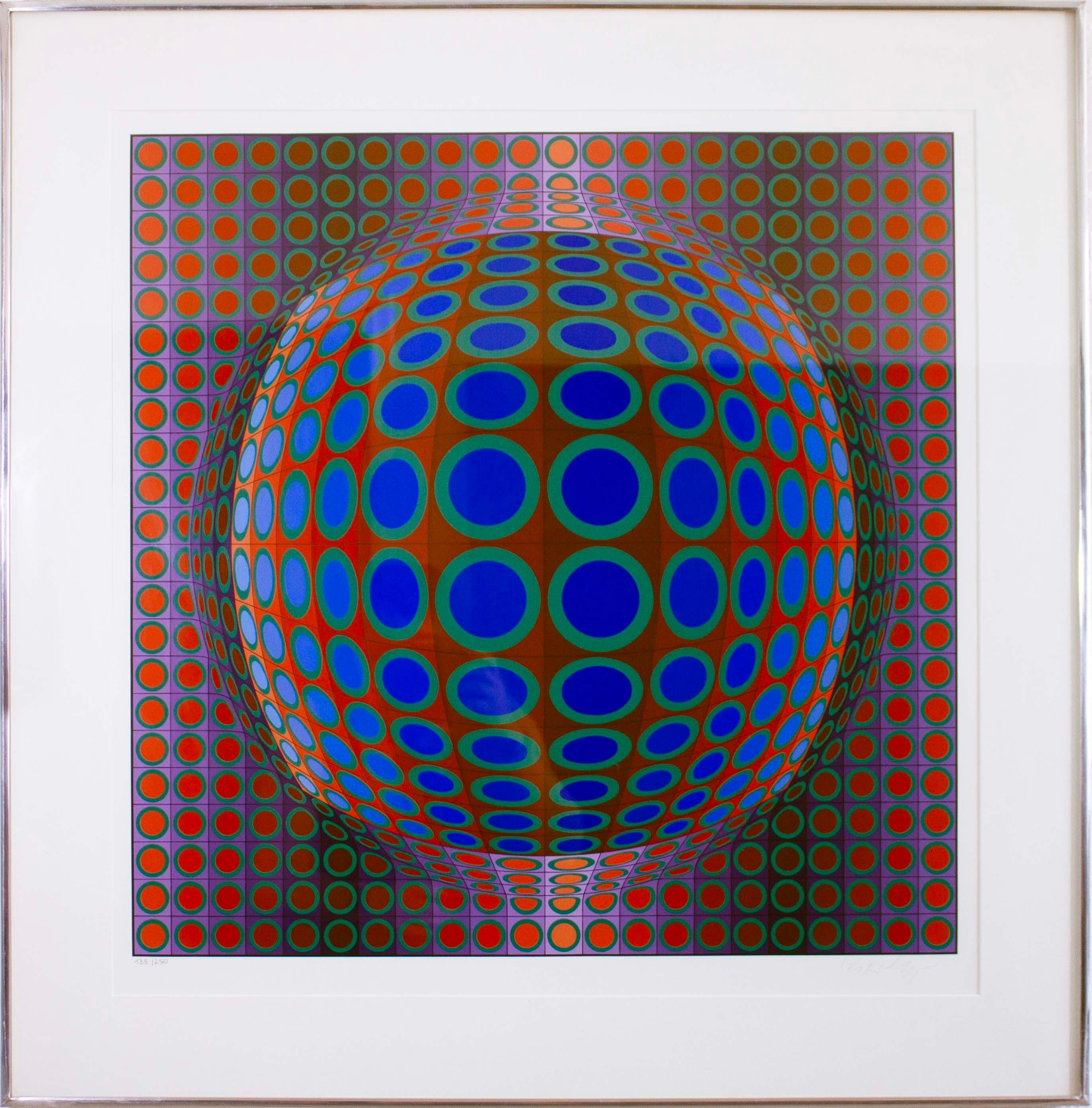 A showstopping modern Op Art serigraph titled “Vega” by Hungarian-French artist Victor Vasarely. Hand signed in pencil on the bottom right with an annotation of 138/250 on the bottom left. Published in 1972. Intersecting squares with round circular
