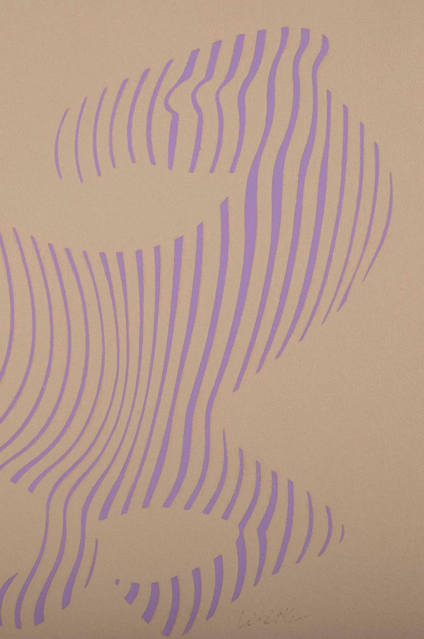 A large Victor Vasarely screen print, purple on tan paper. Signed and numbered in pencil. 90/100. Full sheet 31' x 38 1/4