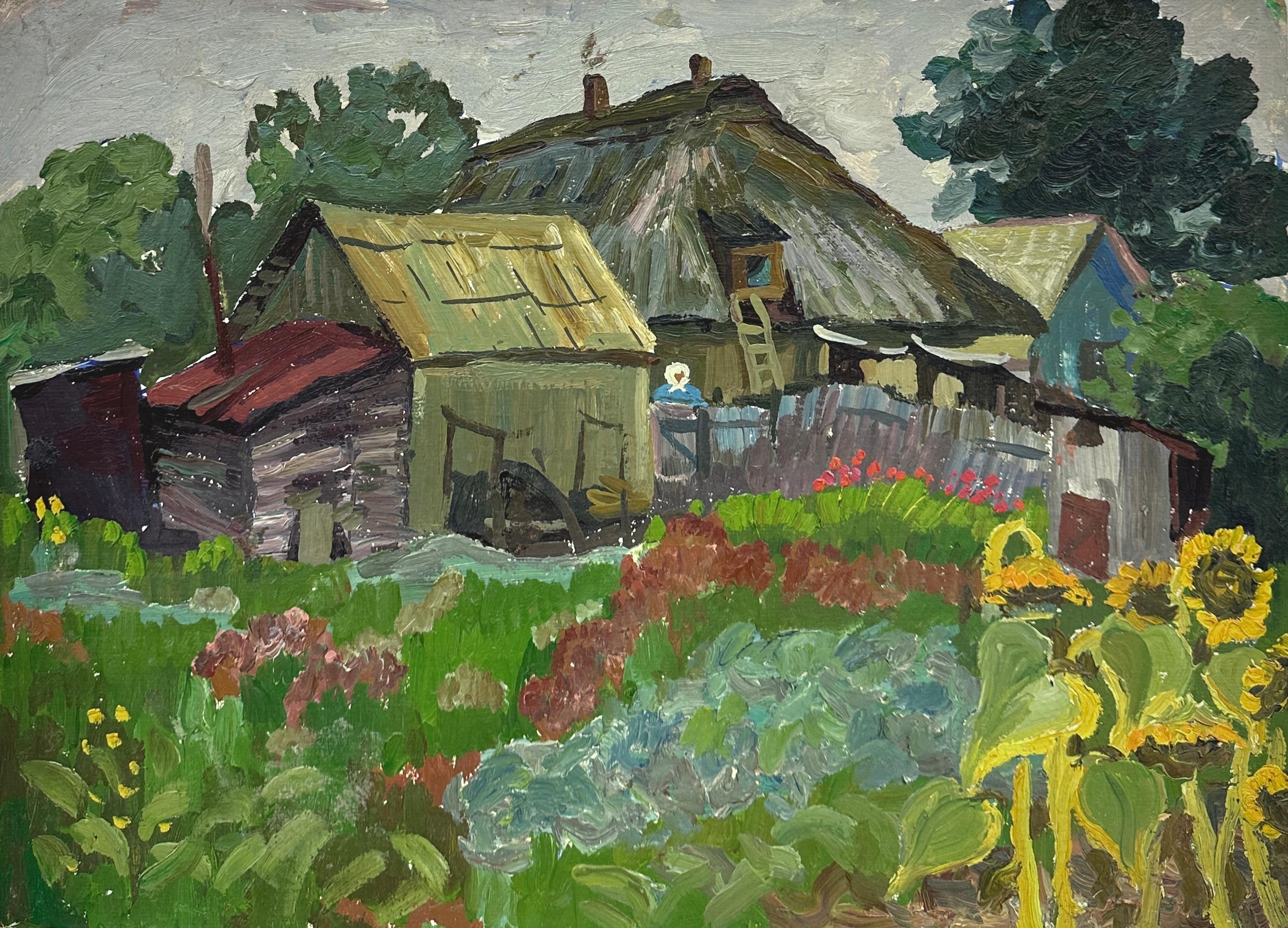 Landscape Painting di Victor Vasilievich Iskam - Paesaggio rurale dipinto ad olio da un artista ucraino raffigurante una scena di fattoria con girasoli