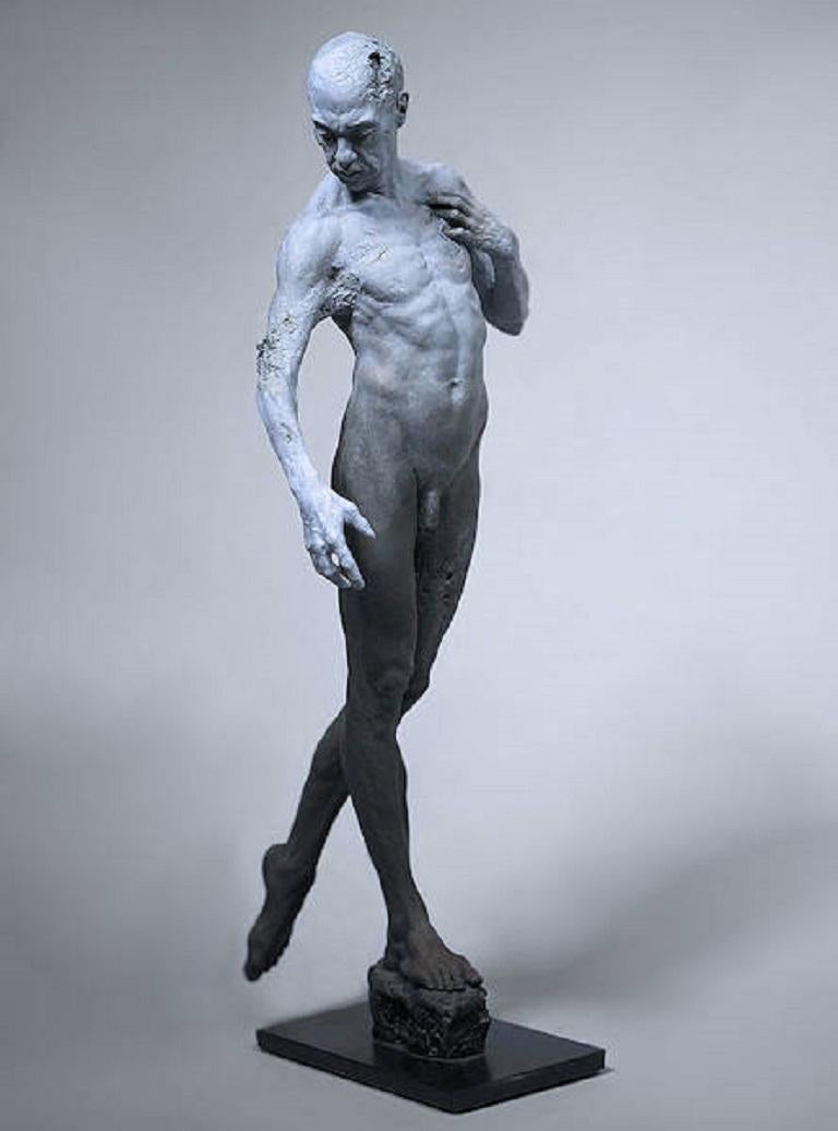 Resistance Big Standing Resin Sculpture Portrait Human Male Nude Realism - Gray Nude Sculpture by Victor Veber