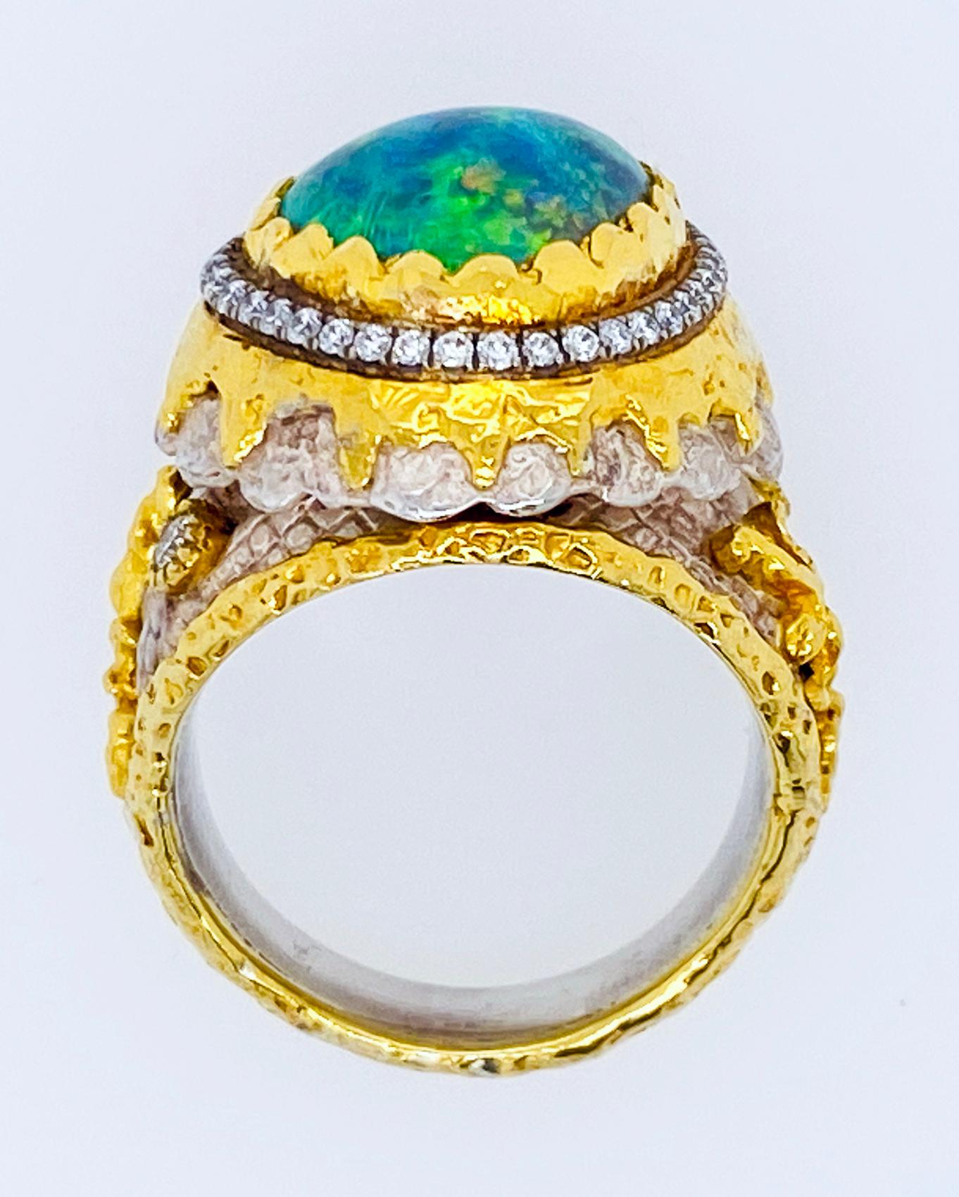 Taille cabochon Victor Velyan Bague en opale noire et diamants en vente