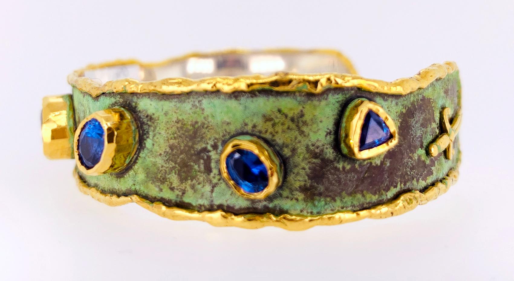 Victor Velyan Ceylon Sapphire Cuff in Green Patina In New Condition For Sale In Carmel, CA