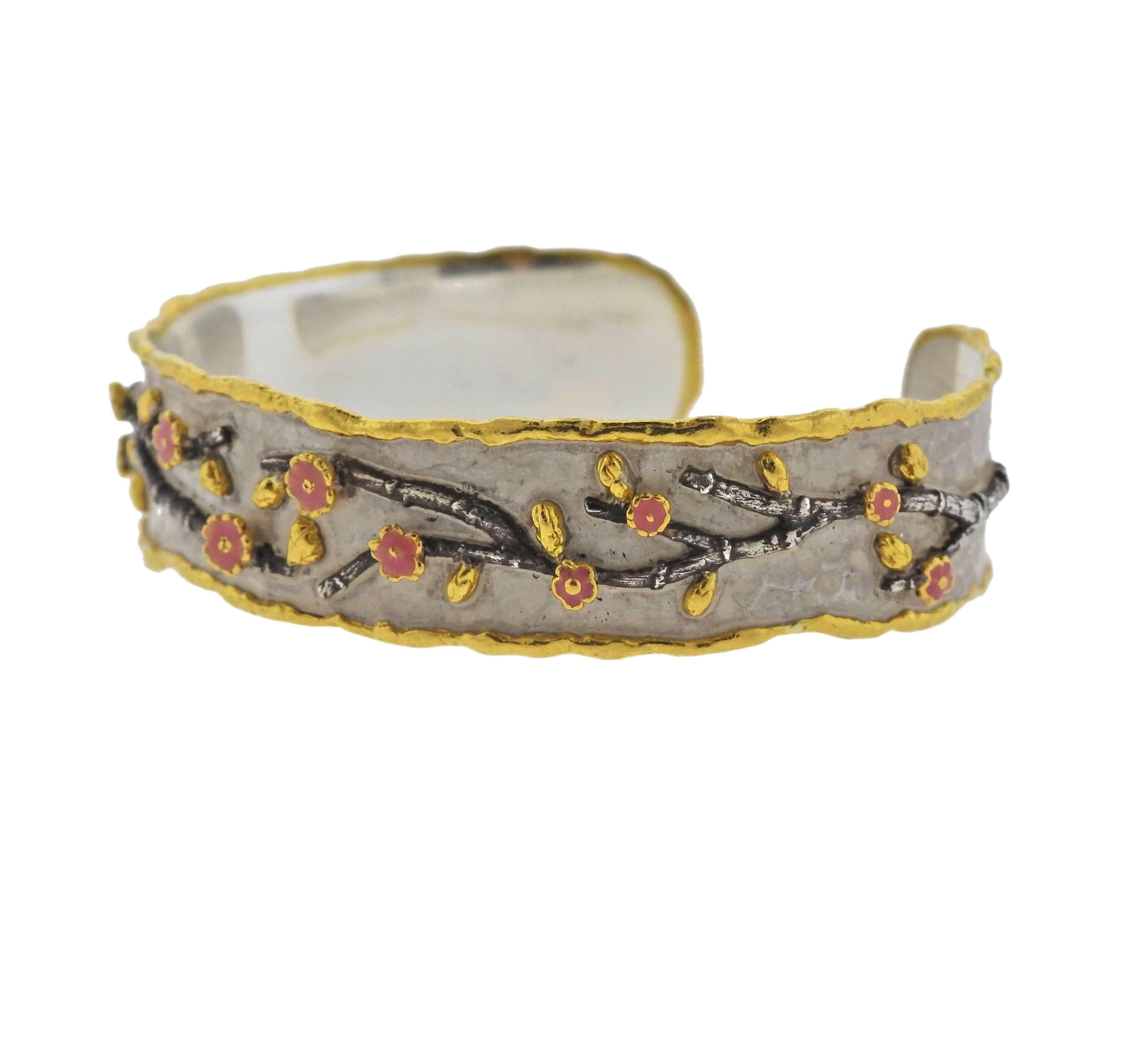24k gold and silver cuff bracelet by Victor Velyan from Cherry Blossom collection, decorated with enamel. Retail $7400. Bracelet will fit approx. 7