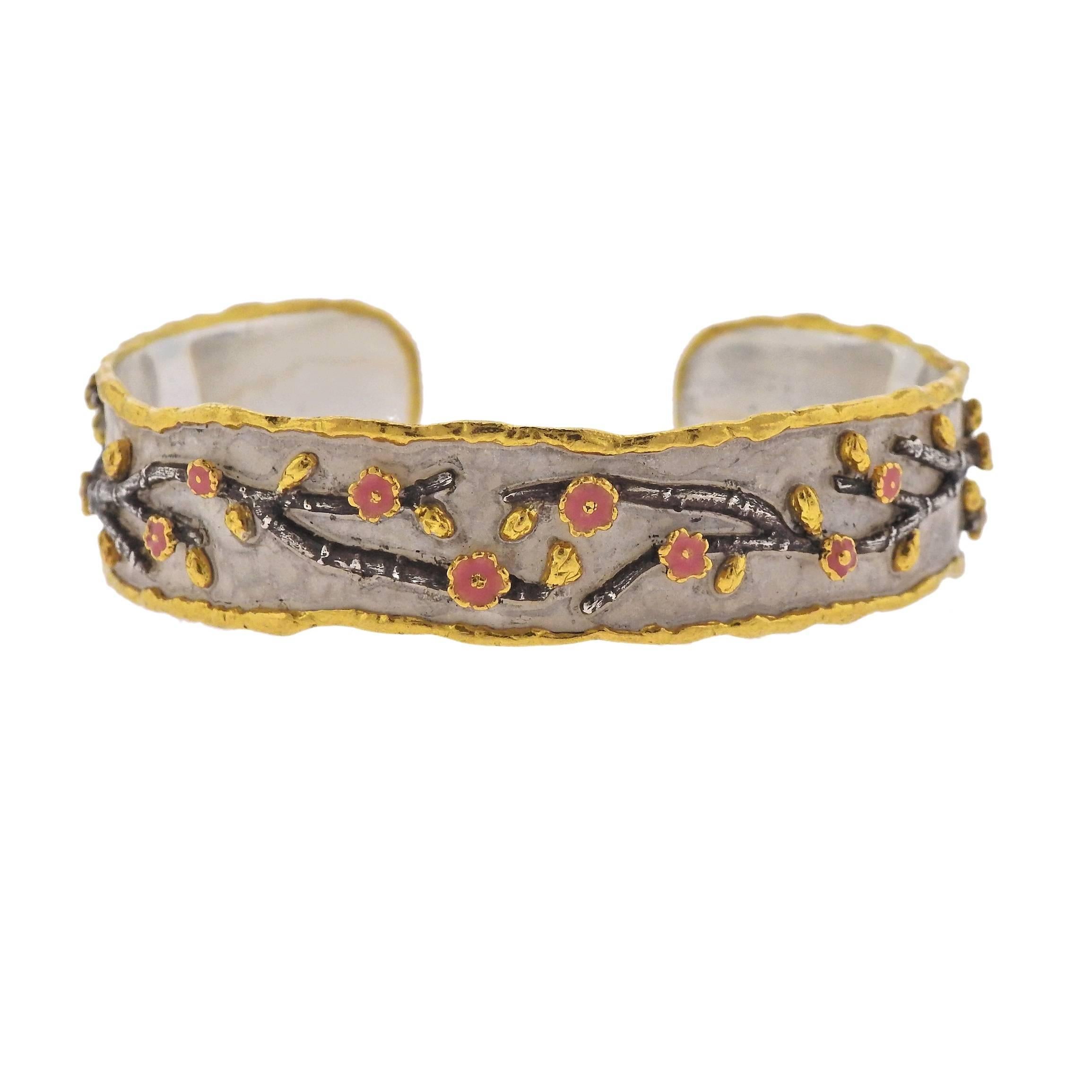 Victor Velyan Cherry Blossom Gold Silver Enamel Bracelet