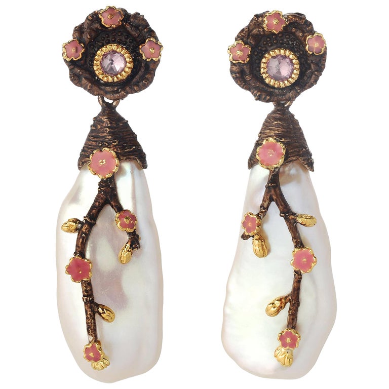 Victor Velyan Cherry Blossom Patina Pearl Earrings in 24 Karat Yellow ...