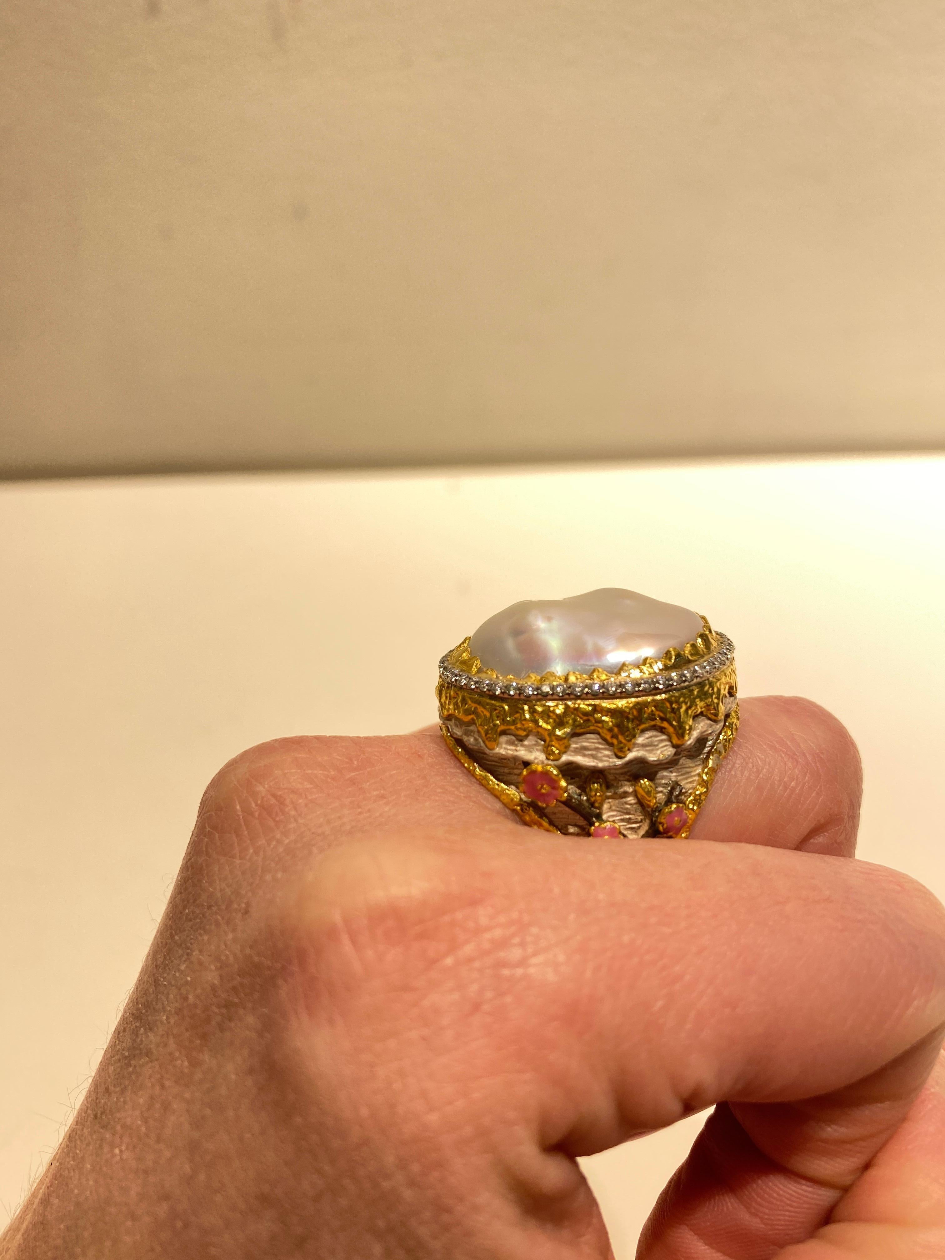 Uncut Victor Velyan Cherry Blossom Pearl Ring with White Diamonds in 24K Yellow Gold