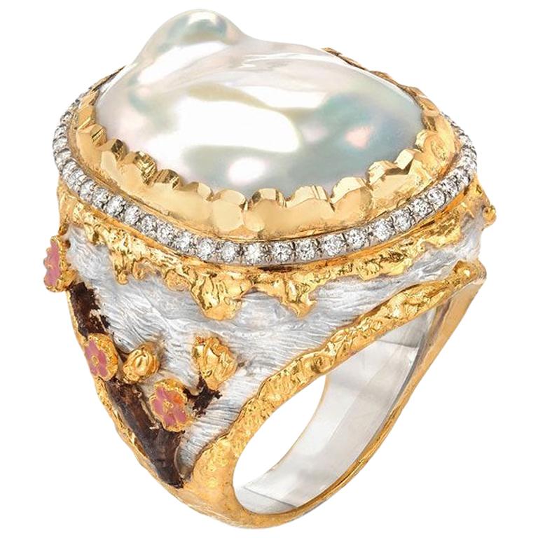 Victor Velyan Cherry Blossom Pearl Ring with White Diamonds in 24K Yellow Gold