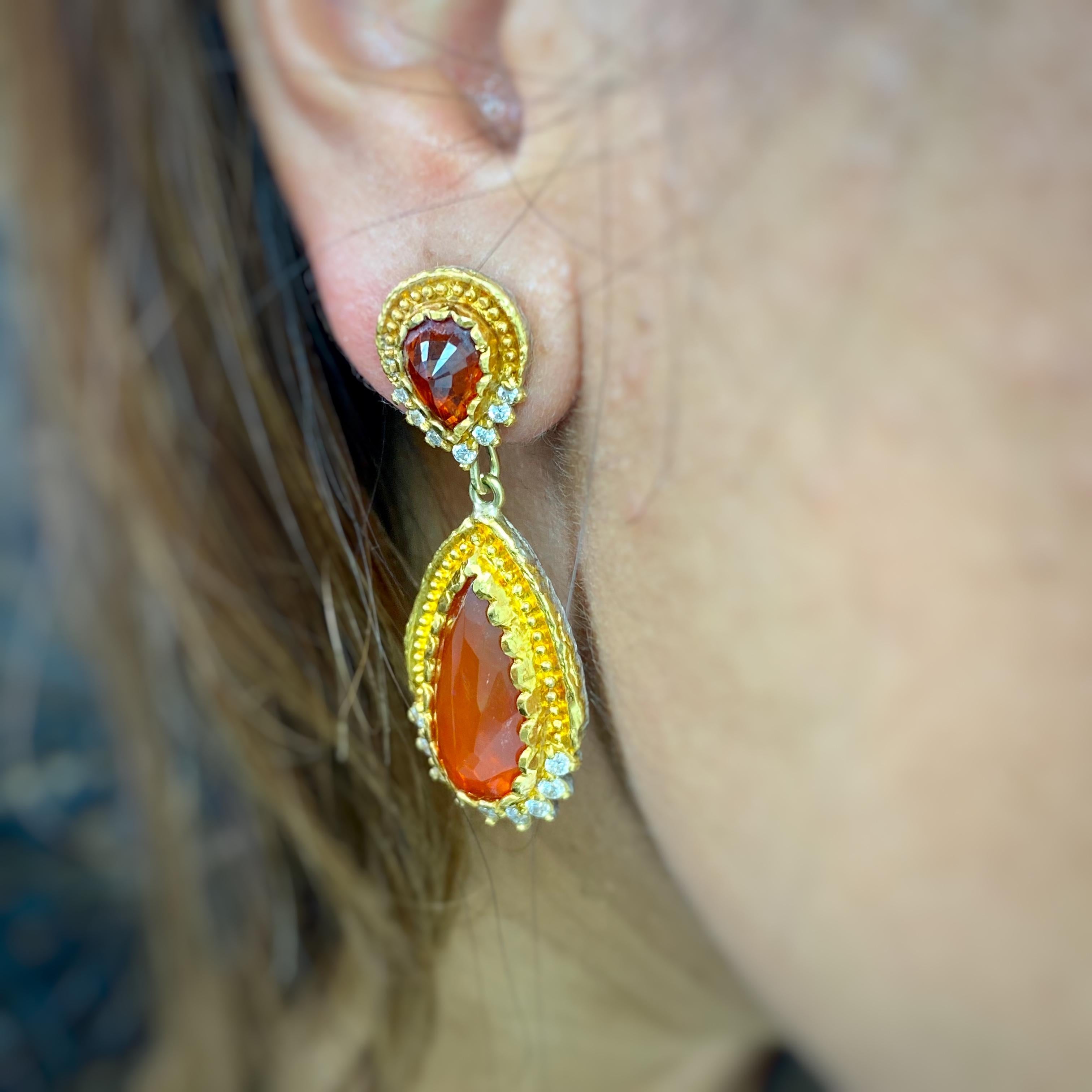 Victor Velyan Fire Opal, Spessartite and Diamond Earrings In Excellent Condition In Carmel, CA