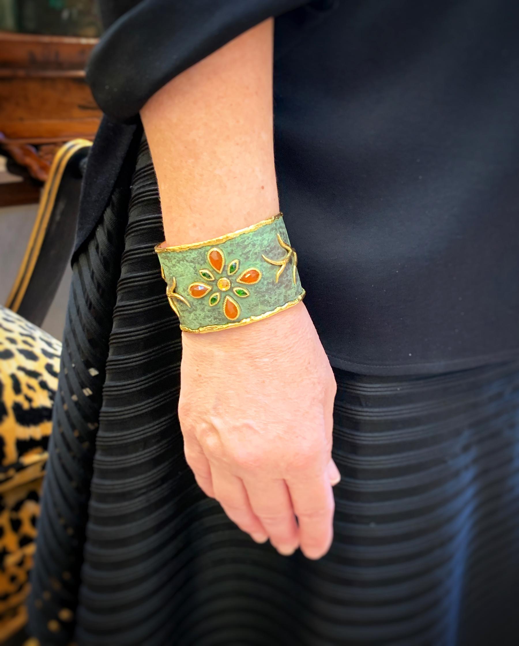 Victor Velyan Fire Opal, Yellow Sapphire and Chrome Diopside Cuff In New Condition For Sale In Carmel, CA