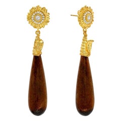 Victor Velyan Gold Coral Drop Earrings with Sunflower Studs in 18 Karat Gold