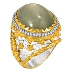 Victor Velyan Green Moonstone and Diamonds 24 Karat Yellow Gold Ring