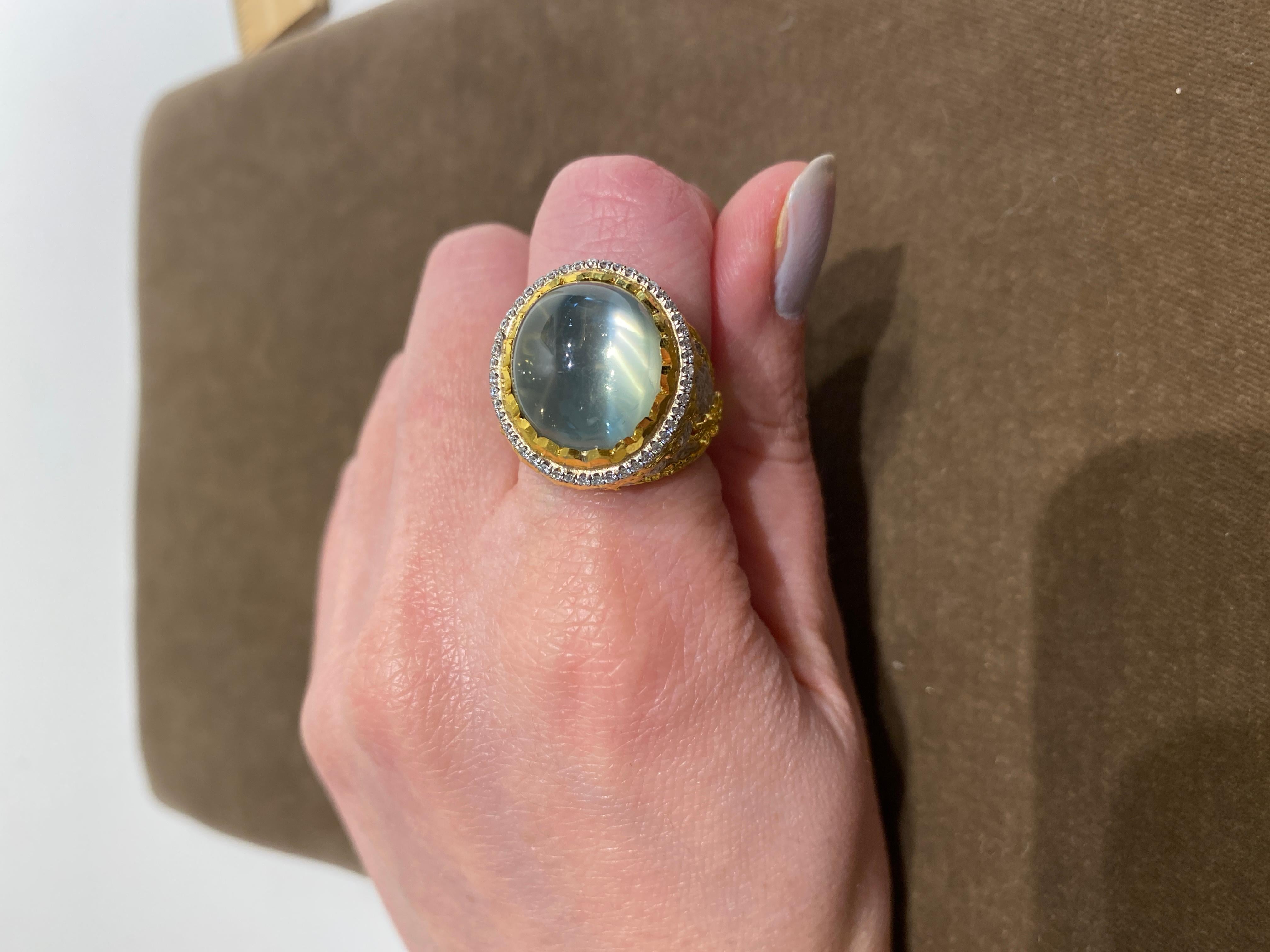 Byzantine Victor Velyan Green Moonstone and Diamonds 24 Karat Yellow Gold Ring For Sale