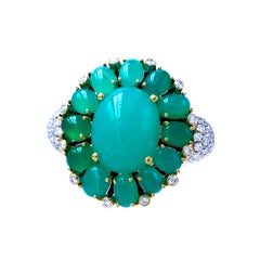 Victor Velyan Green Opal with White Diamonds Ring in 18K Yellow Gold