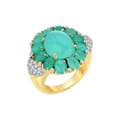 Victor Velyan Green Opal with White Diamonds Ring in 18K Yellow Gold