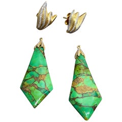Victor Velyan Green Turquoise Drop Detachable Earrings in 18 Karat Yellow Gold