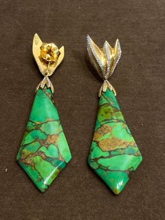 Victor Velyan Green Turquoise Drop Detachable Earrings in 18 Karat Yellow Gold