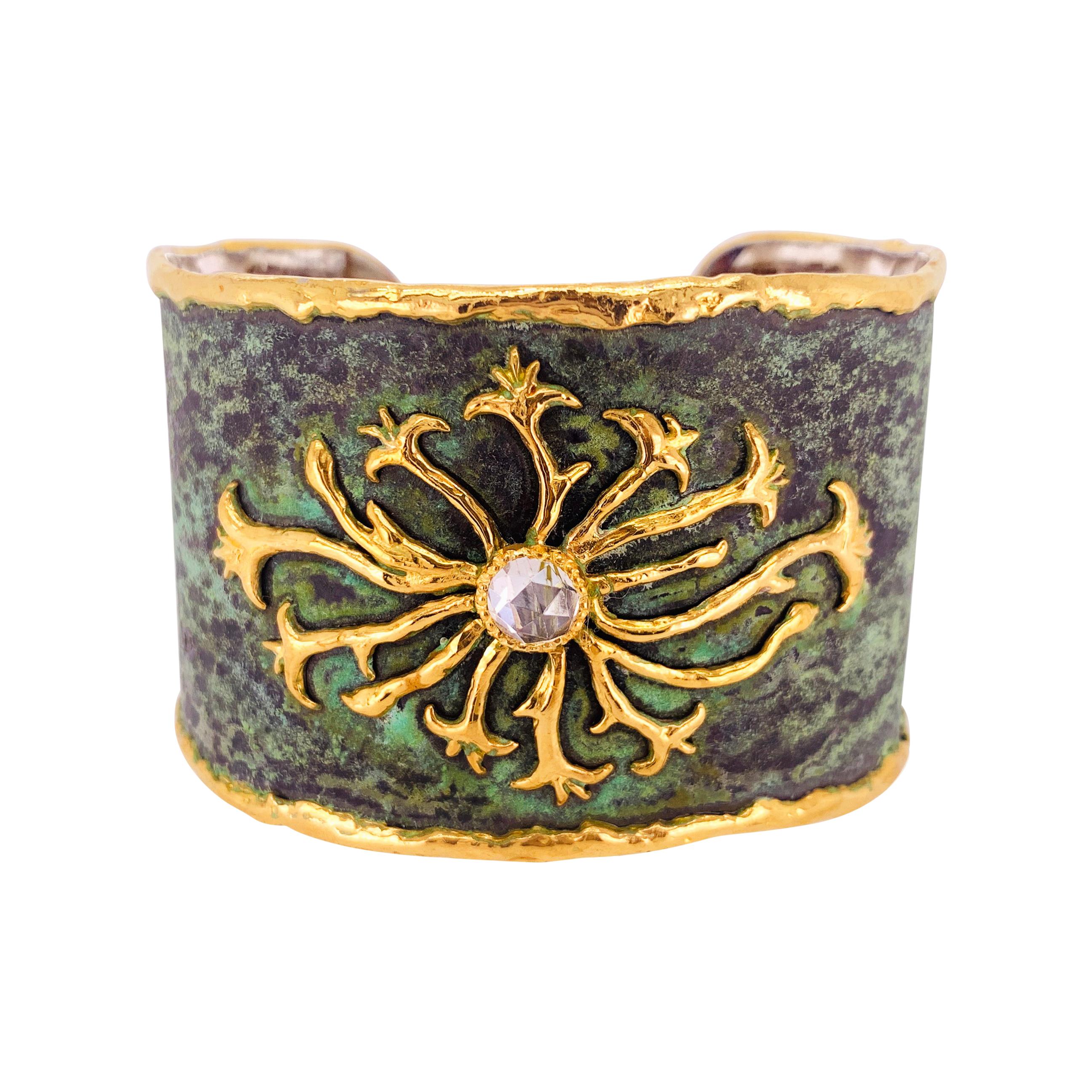 Victor Velyan Natural White Zircon Cuff in Green Patina For Sale