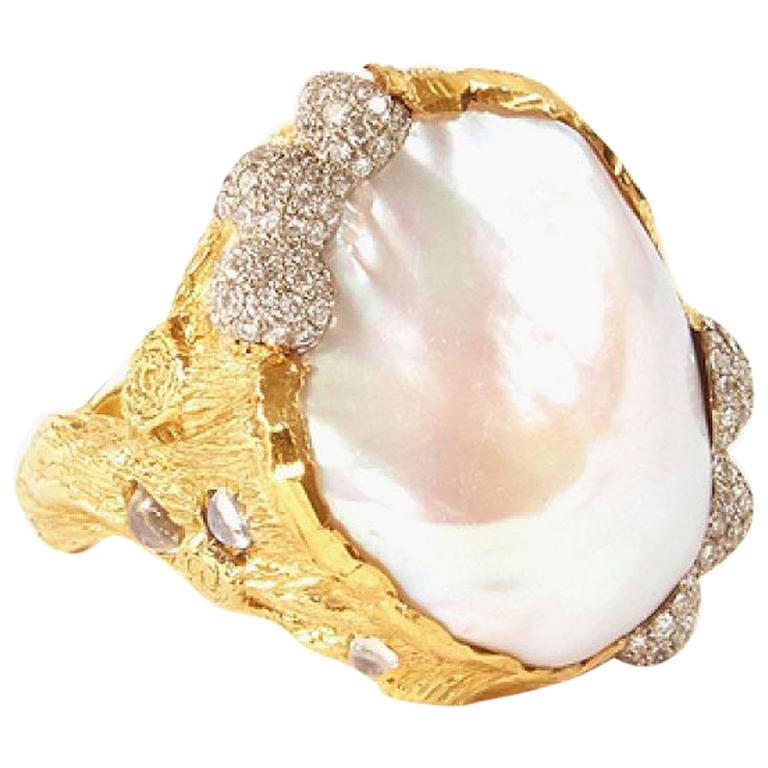 Victor Velyan Pearl, Diamonds and Moonstone Ring in 24 Karat Yellow Gold For Sale