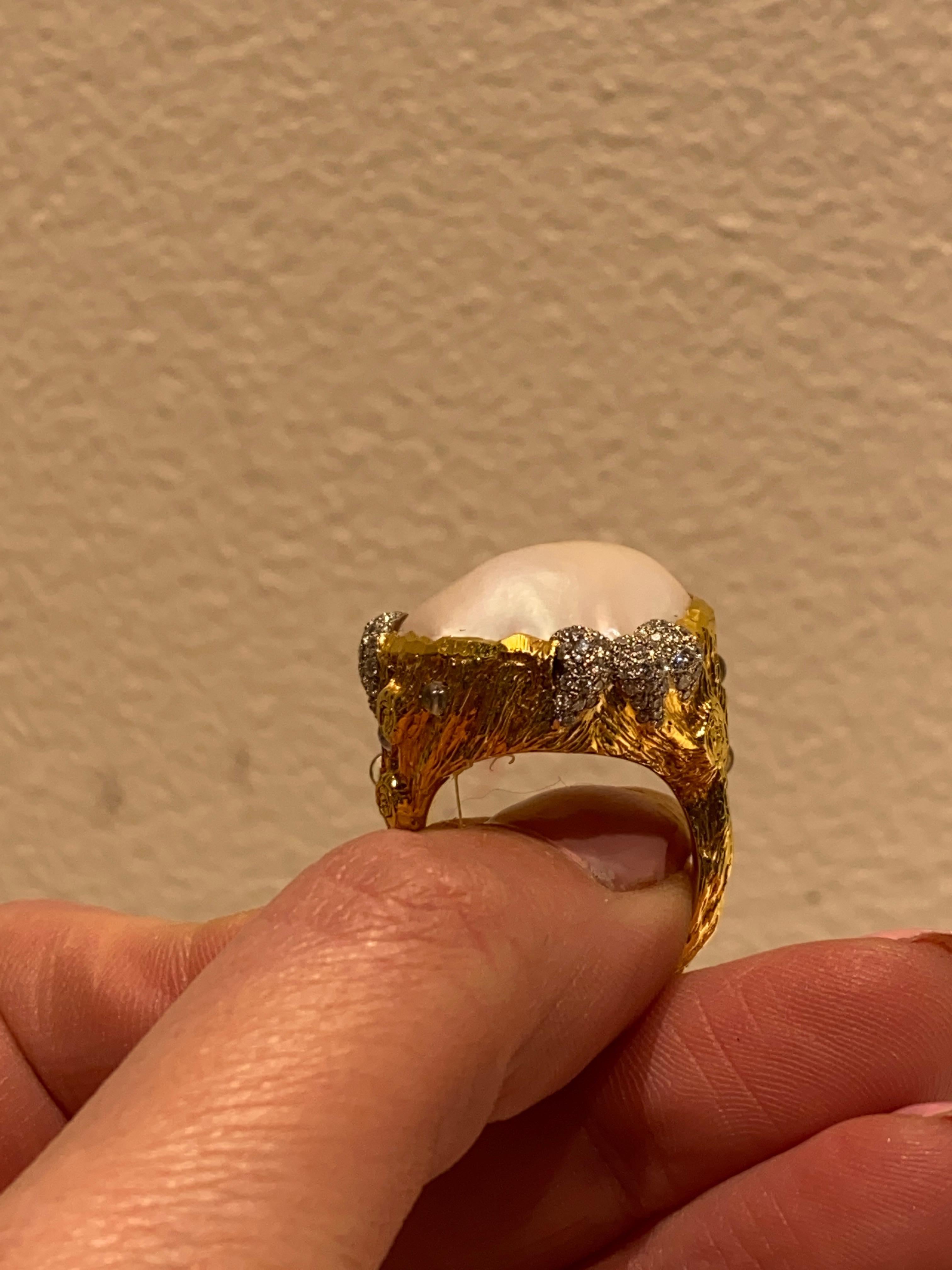 Uncut Victor Velyan Pearl, Diamonds and Moonstone Ring in 24 Karat Yellow Gold For Sale