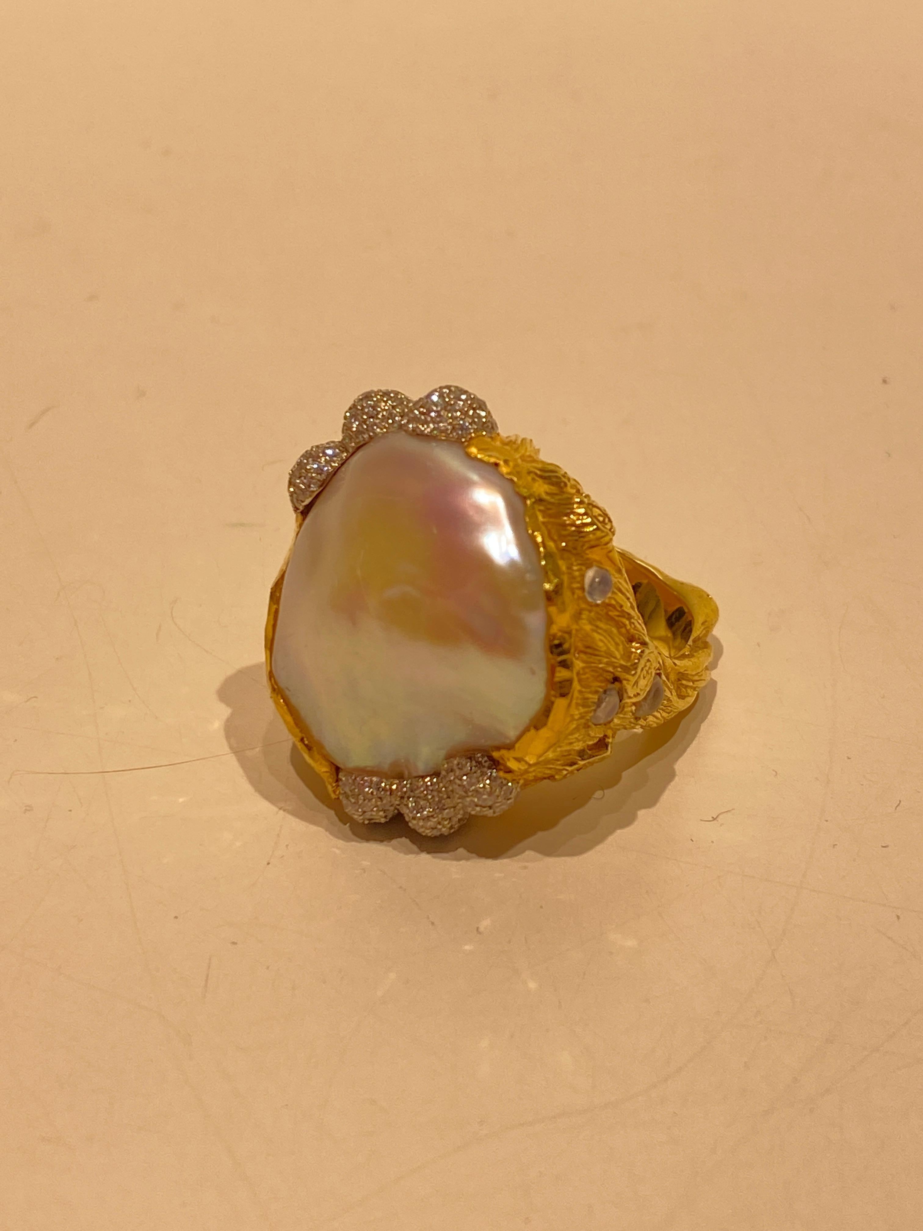 Victor Velyan Pearl, Diamonds and Moonstone Ring in 24 Karat Yellow Gold In New Condition For Sale In Jackson, WY