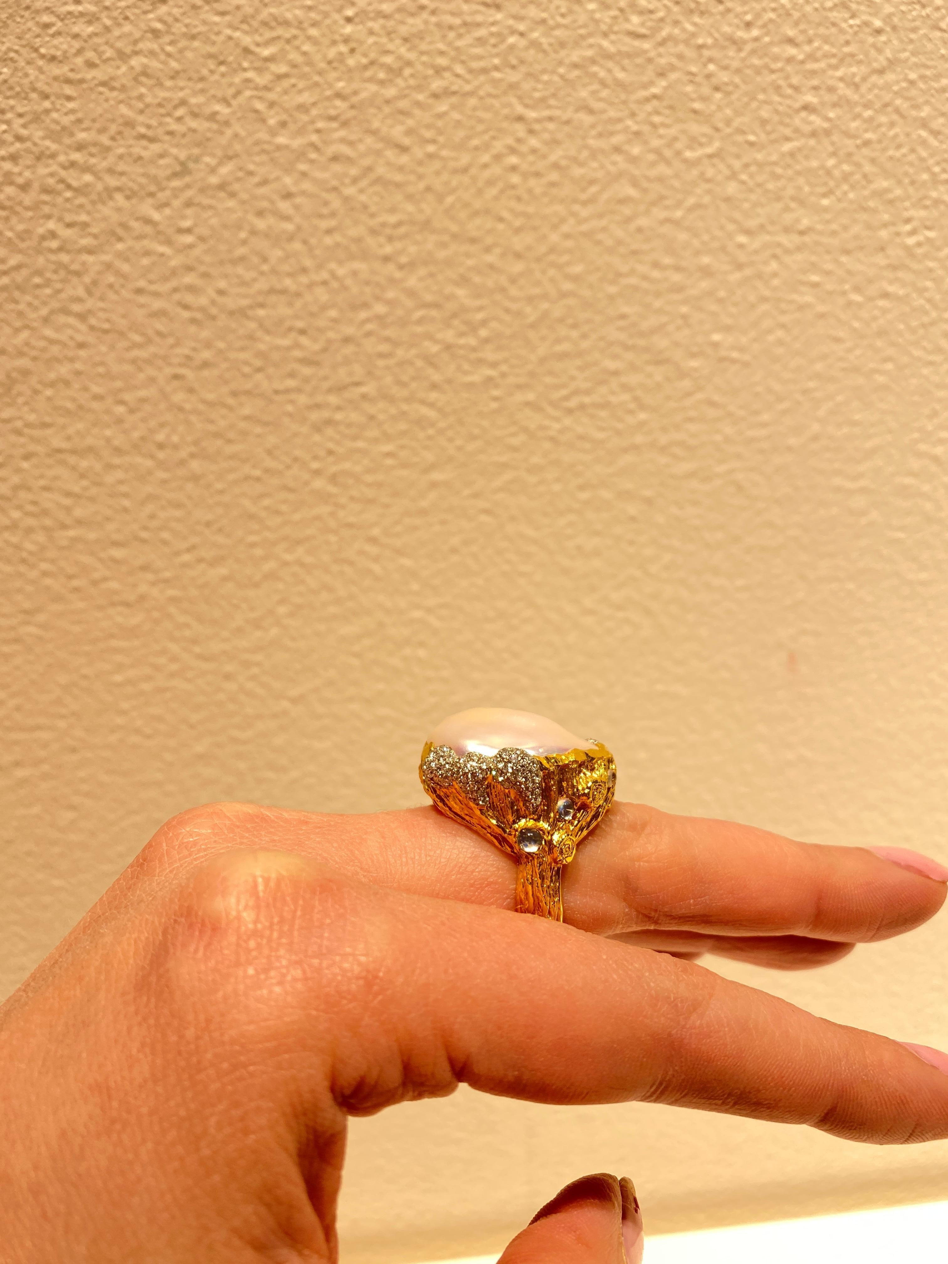 Victor Velyan Pearl, Diamonds and Moonstone Ring in 24 Karat Yellow Gold For Sale 1