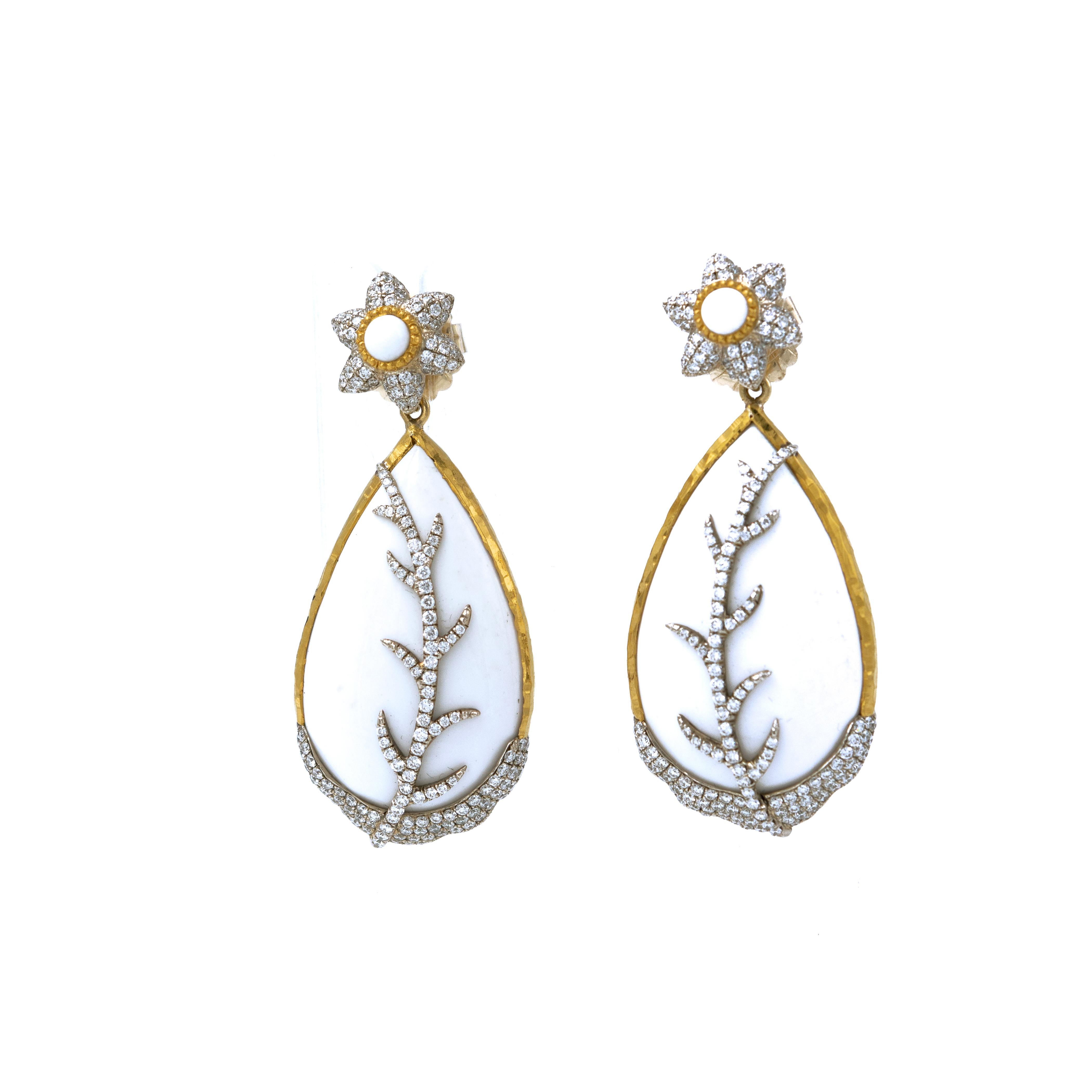 Art Deco Victor Velyan 24K White Opal and Diamonds Teardrop Earrings For Sale