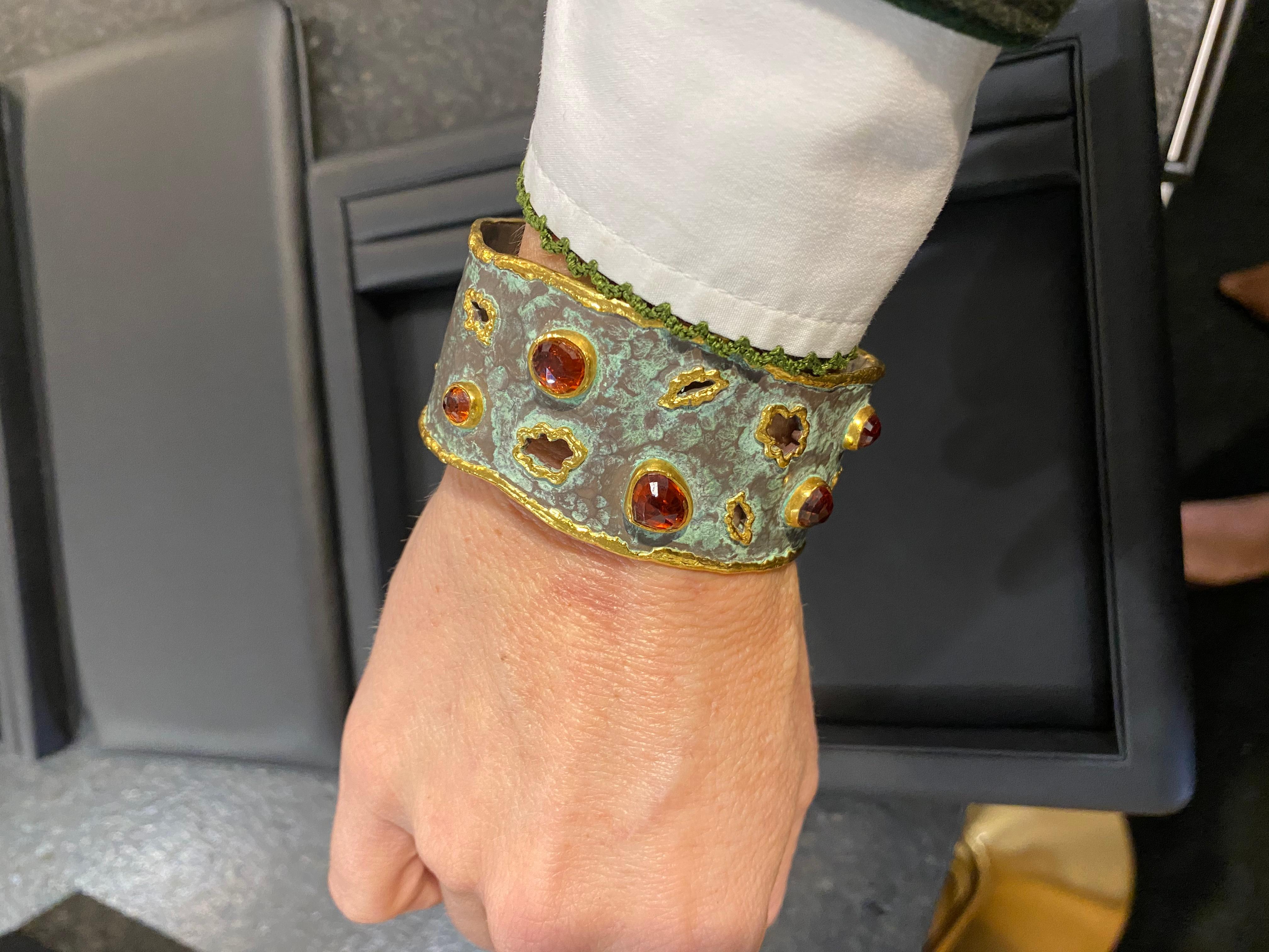 Victor Velyan Wide Pure Silver Cuff with Green Patina and Spessarite 2