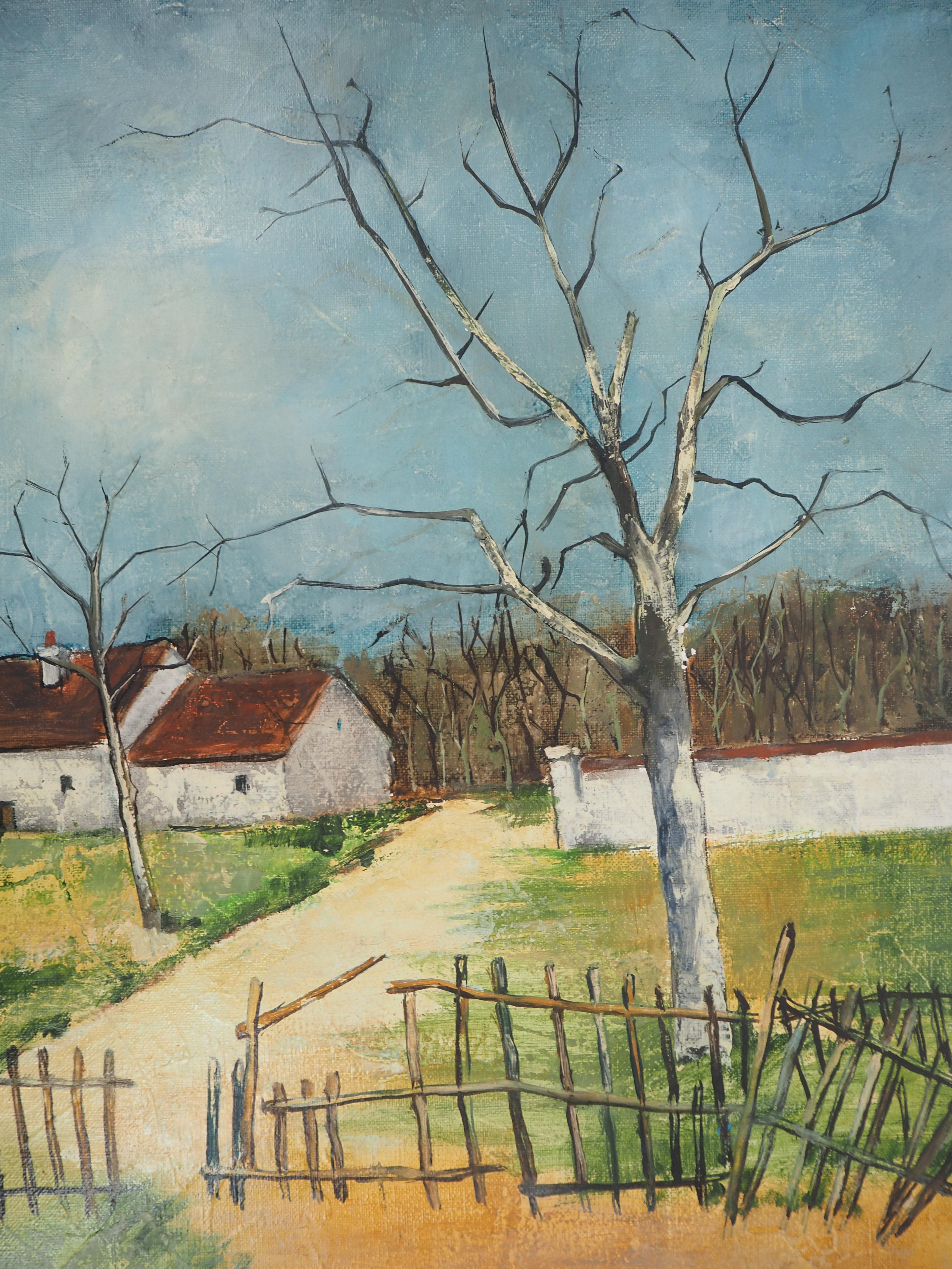 Countryside : The Old House - Original Oil on Canvas, Handsigned - Gray Landscape Painting by Victor Viko