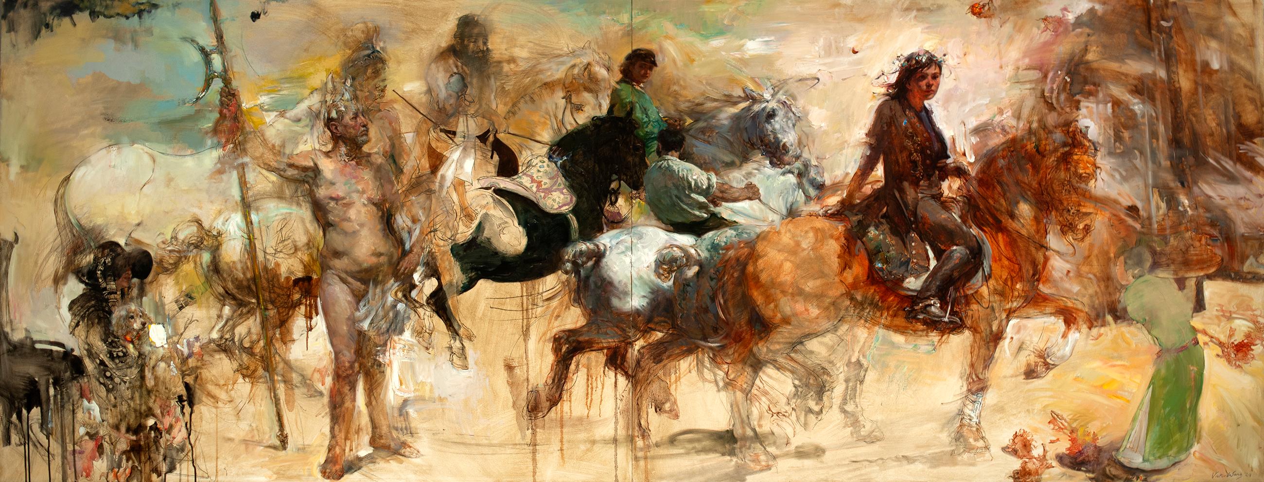 Figurative Painting Victor Wang - "Autumn Riding", peinture à l'huile sur toile, collage, figuratif