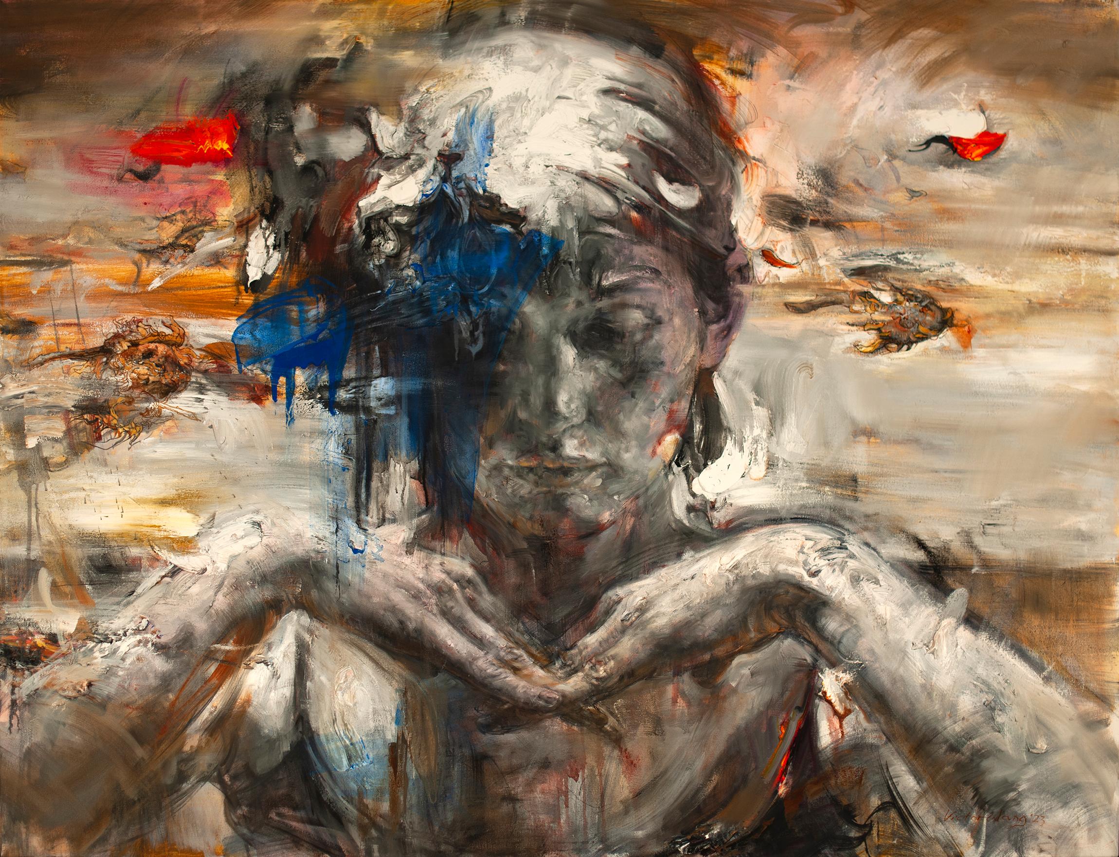 Figurative Painting di Victor Wang - "Sogno blu", Contemporaneo, Figurativo, Pittura a olio, Tela, Astratto, Texture