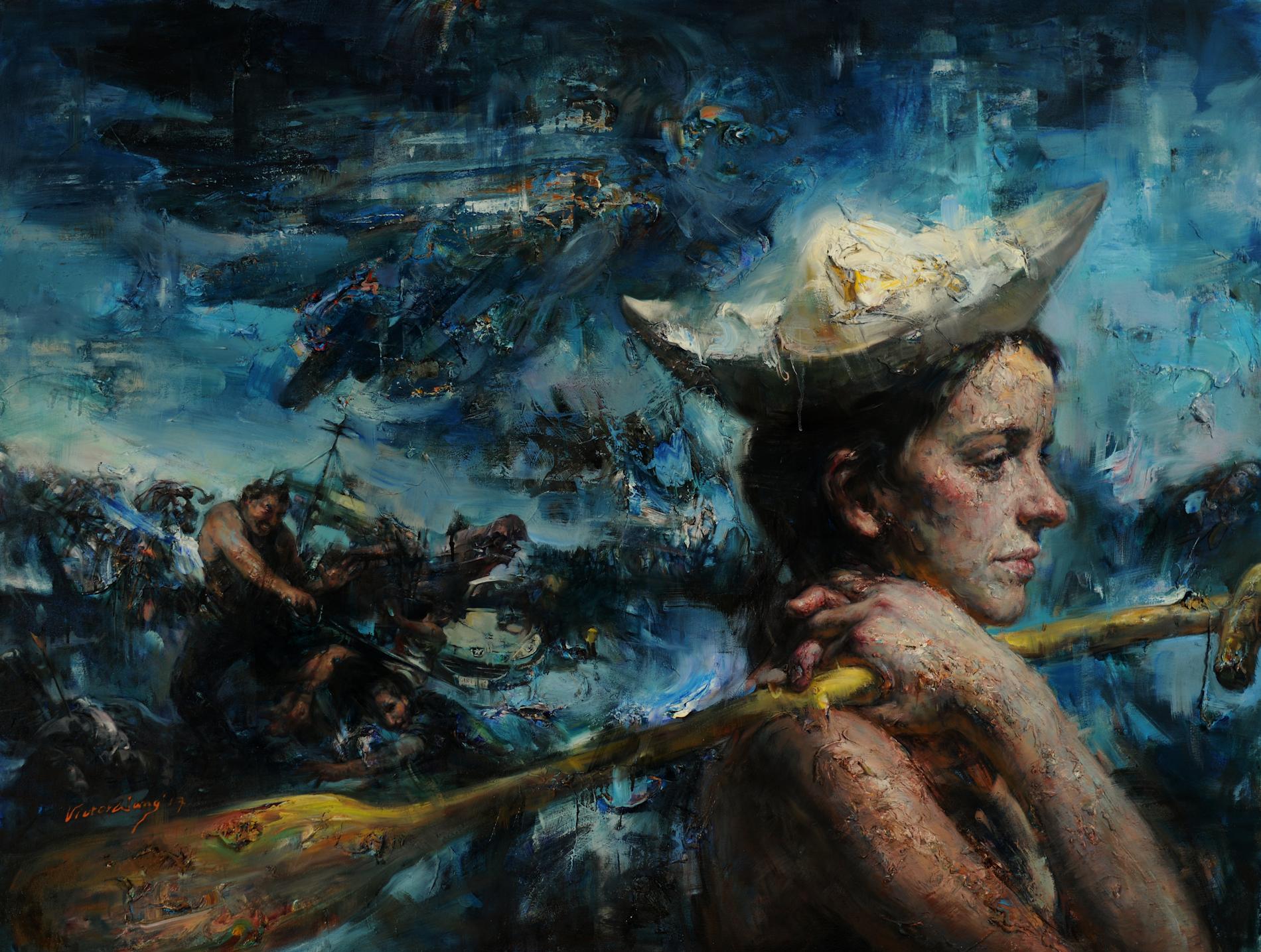 Victor Wang Figurative Painting - "Dreaming Away", Contemporary, Figurative, Abstract, Oil Paint, Canvas, Texture