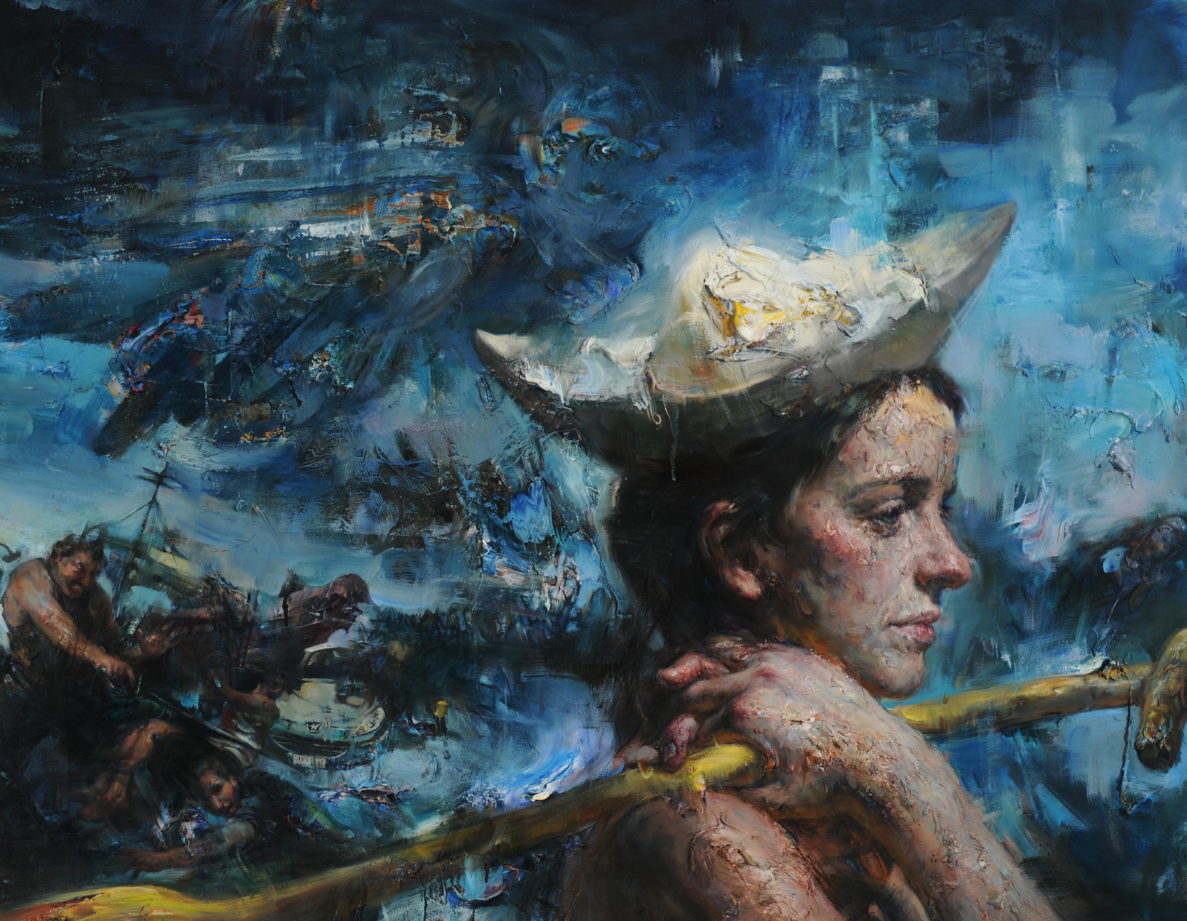 Dreaming Away - Peinture de rêve hautement texturée représentant un rêve surréaliste sur le thème nautique - Contemporain Painting par Victor Wang