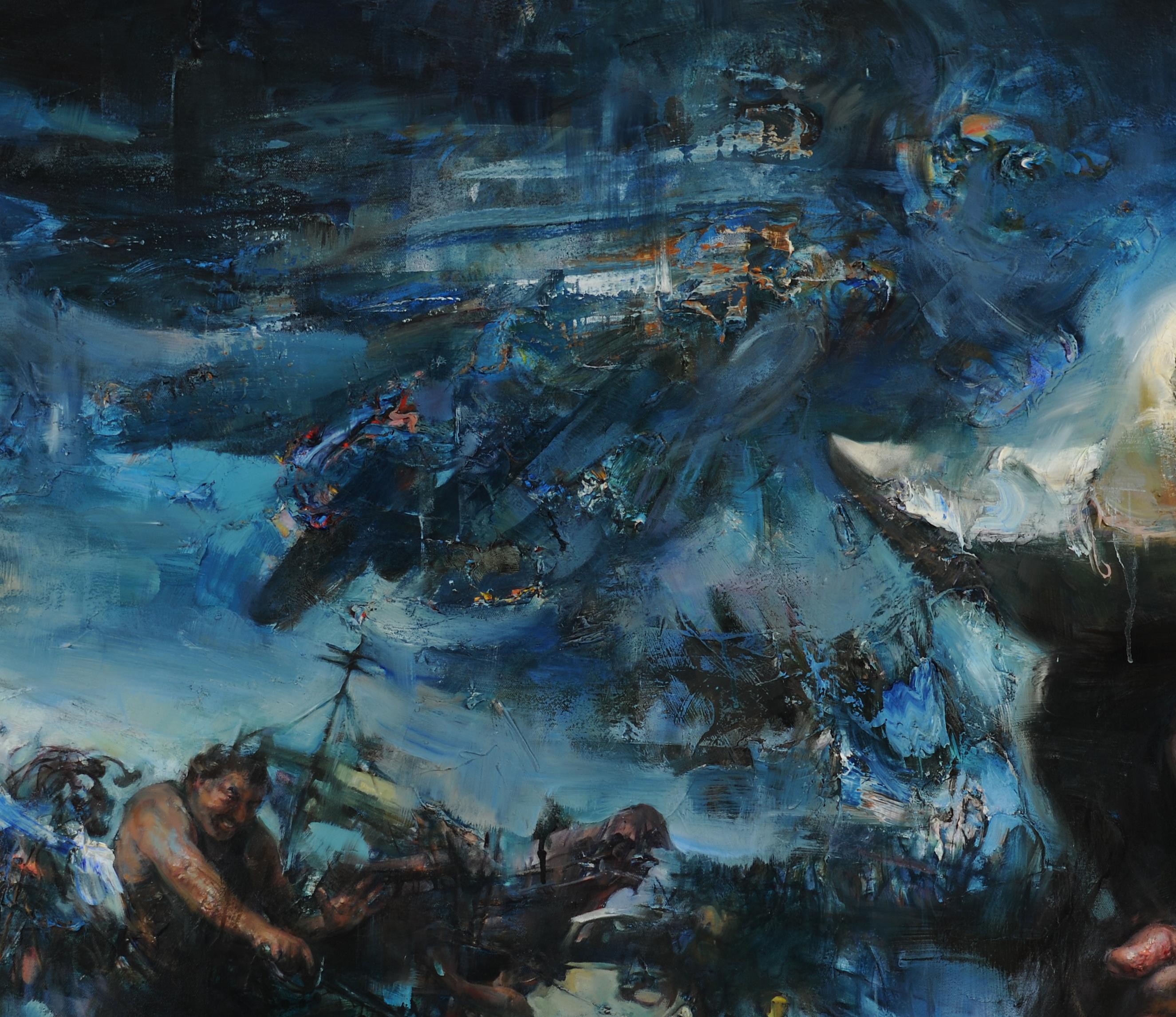 Dreaming Away - Sehr strukturiertes, traumhaftes Gemälde mit surrealem nautischen Thema im Angebot 2