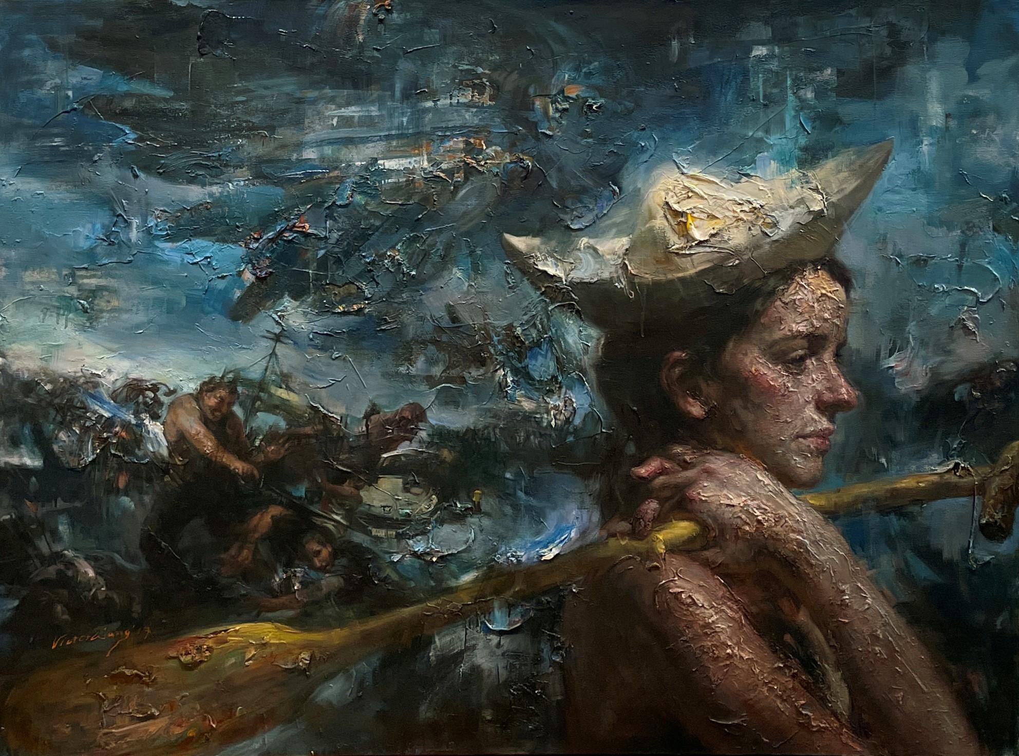 Victor Wang Portrait Painting - Dreaming Away - Highly Textured Dream-like Painting with Surreal Nautical Theme