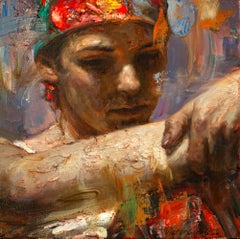 « Girl with Red », peinture à l'huile figurative sur toile, portrait, non encadré