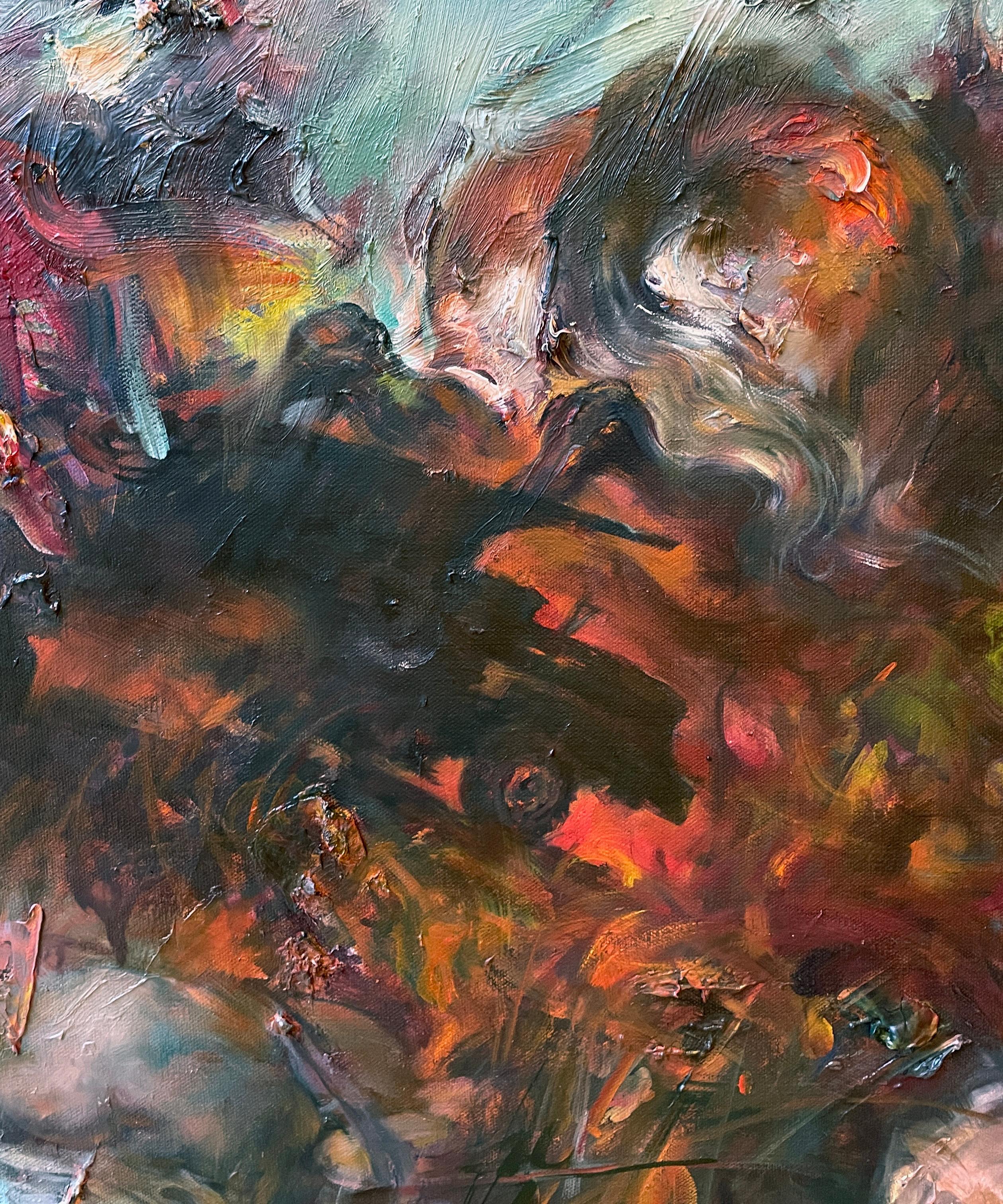 Let Her Go - Peinture à l'huile en surface d'empâtement épaisse peinte représentant une scène de rêve - Gris Abstract Painting par Victor Wang