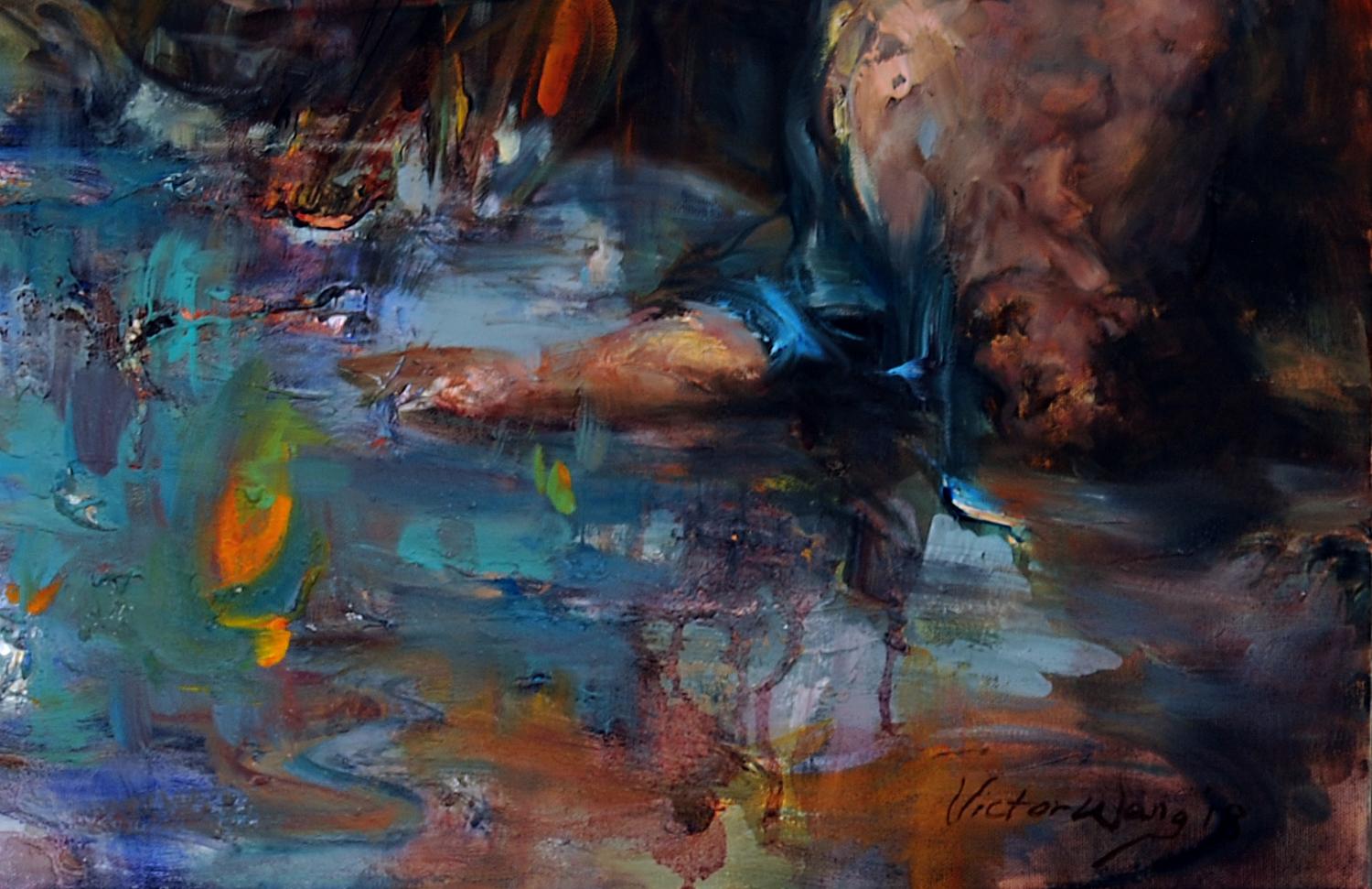Lasciala andare - Pittura ad olio con superficie ad impasti spessi e scena da sogno in vendita 2