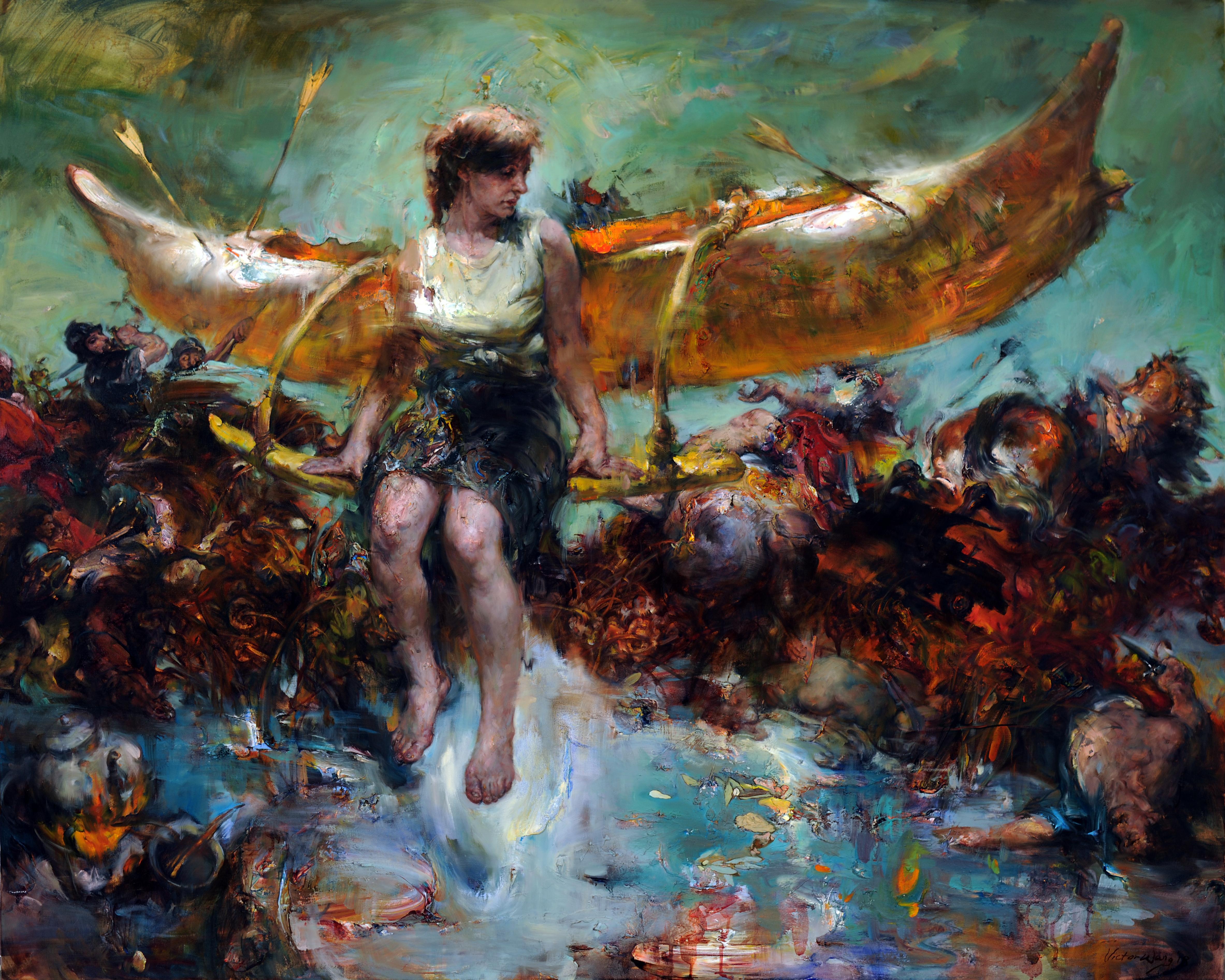 Lasciala andare - Pittura ad olio con superficie ad impasti spessi e scena da sogno