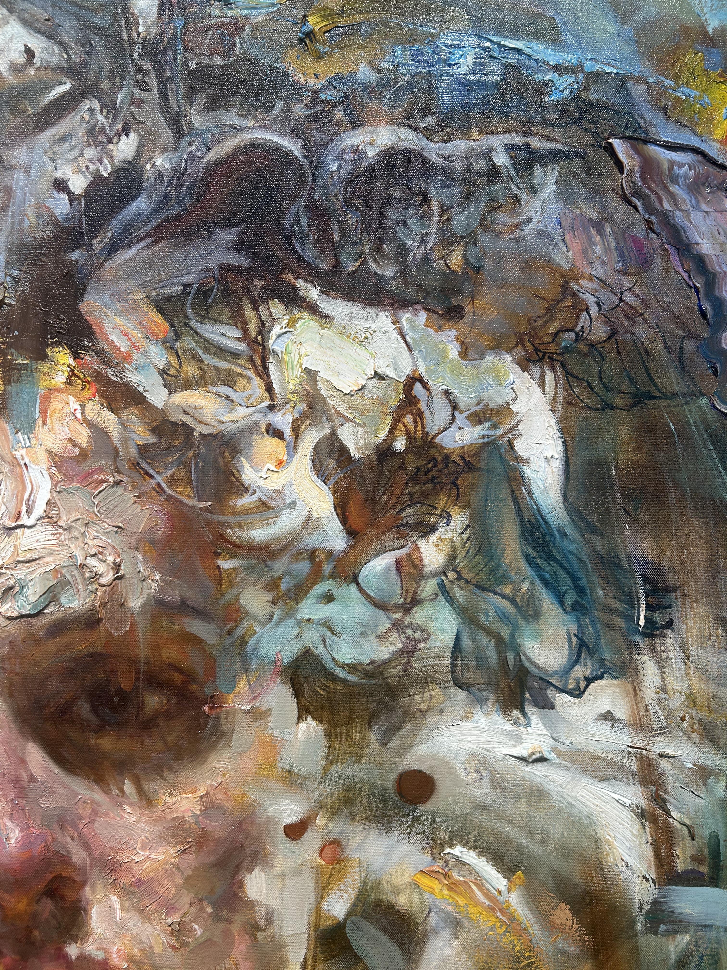 Pintura al óleo sobre lienzo, iluminación dramática, textura, 