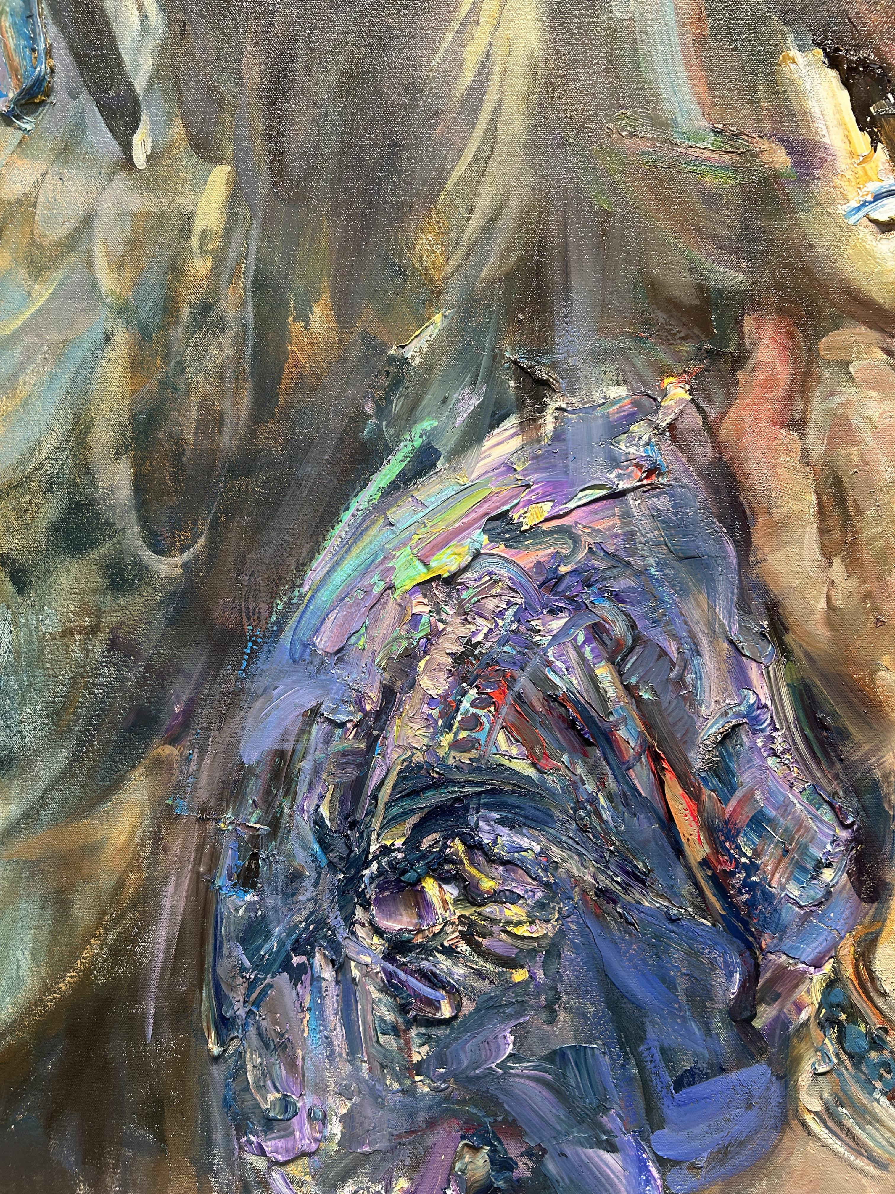 Pintura al óleo sobre lienzo, iluminación dramática, textura, 