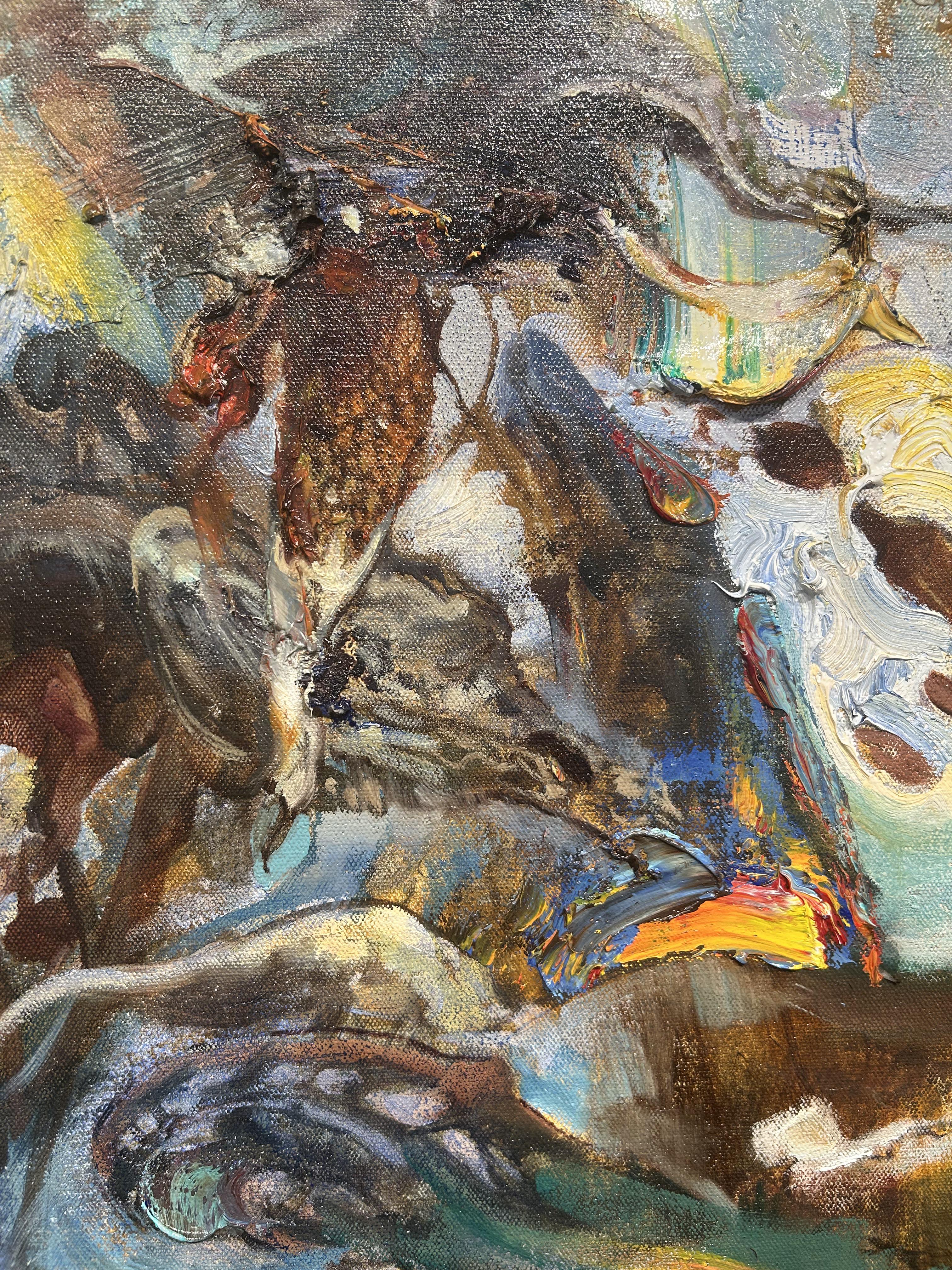 Pintura al óleo sobre lienzo, iluminación dramática, textura, 