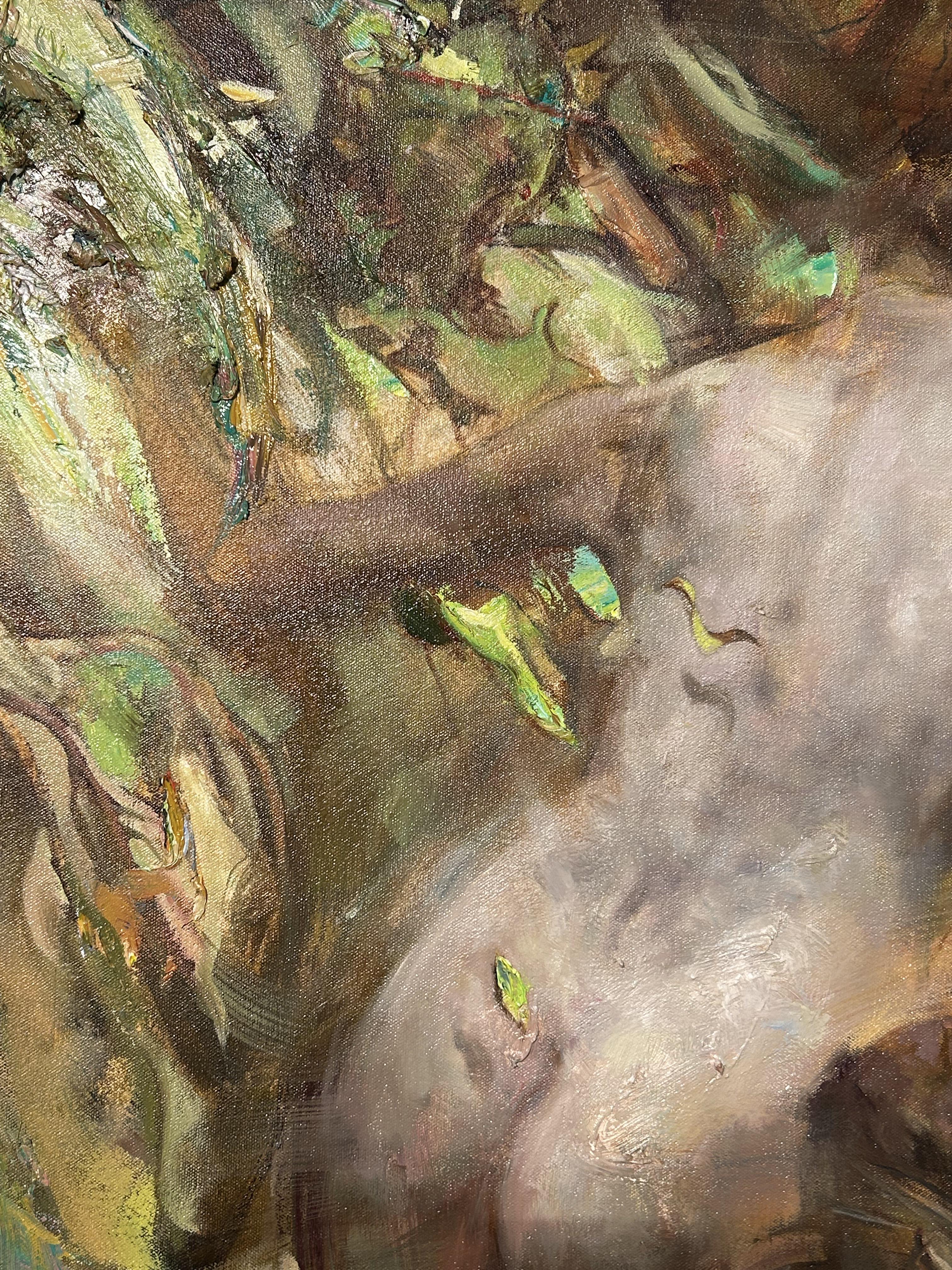 Peinture à l'huile sur toile, éclairage dramatique, texture, 