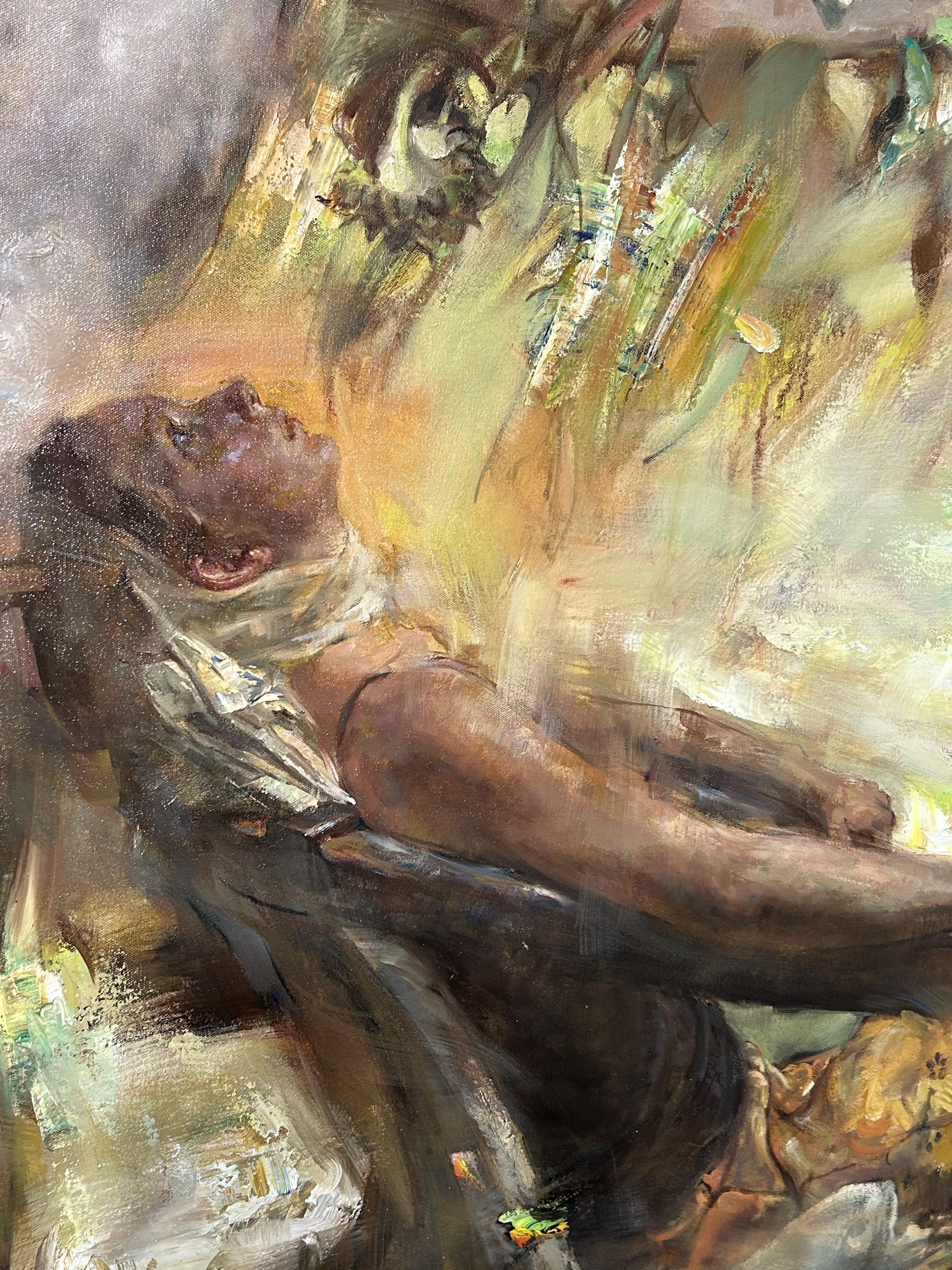 Peinture à l'huile sur toile, éclairage dramatique, texture, 