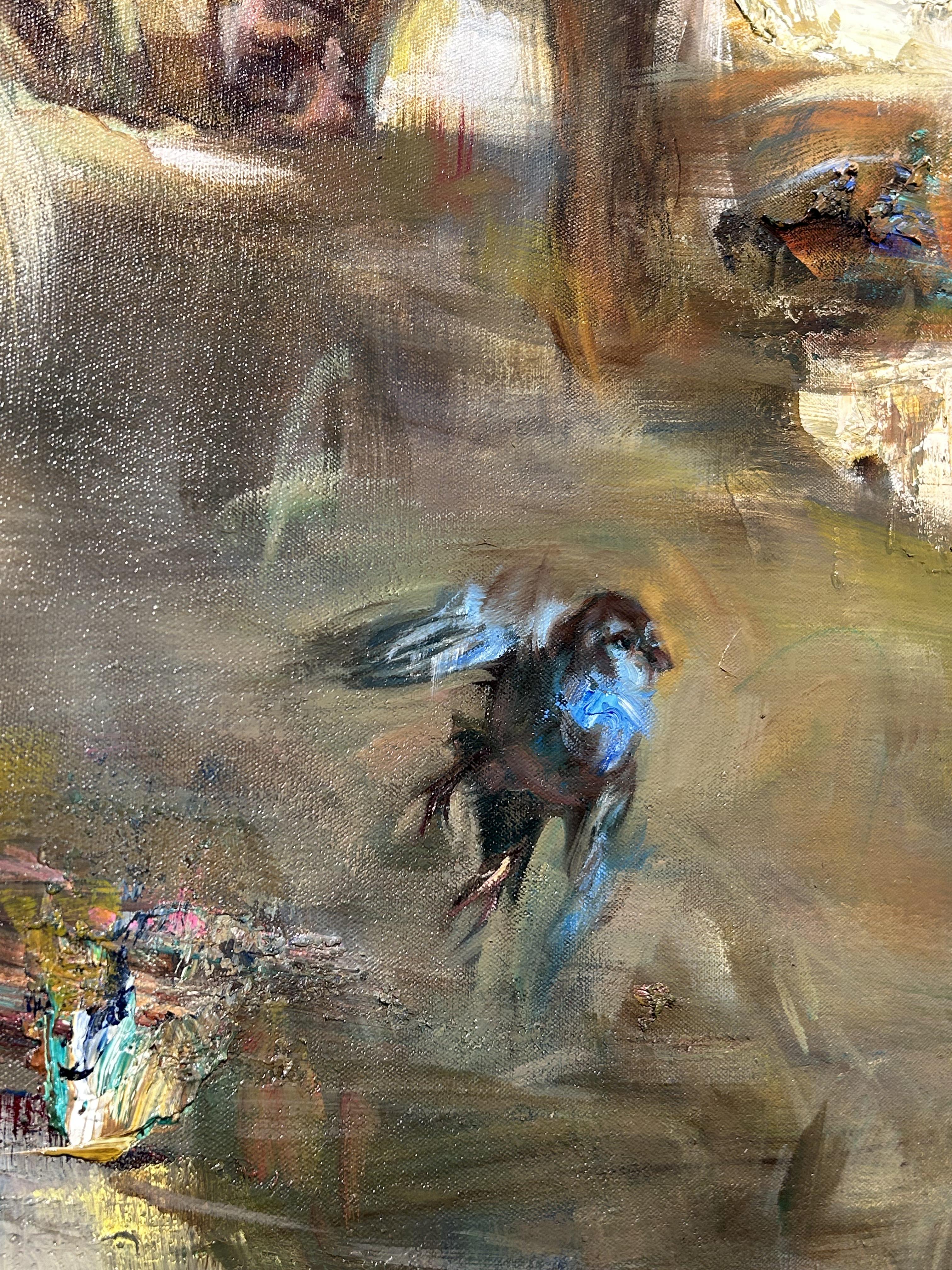 Peinture à l'huile sur toile, éclairage dramatique, texture, 