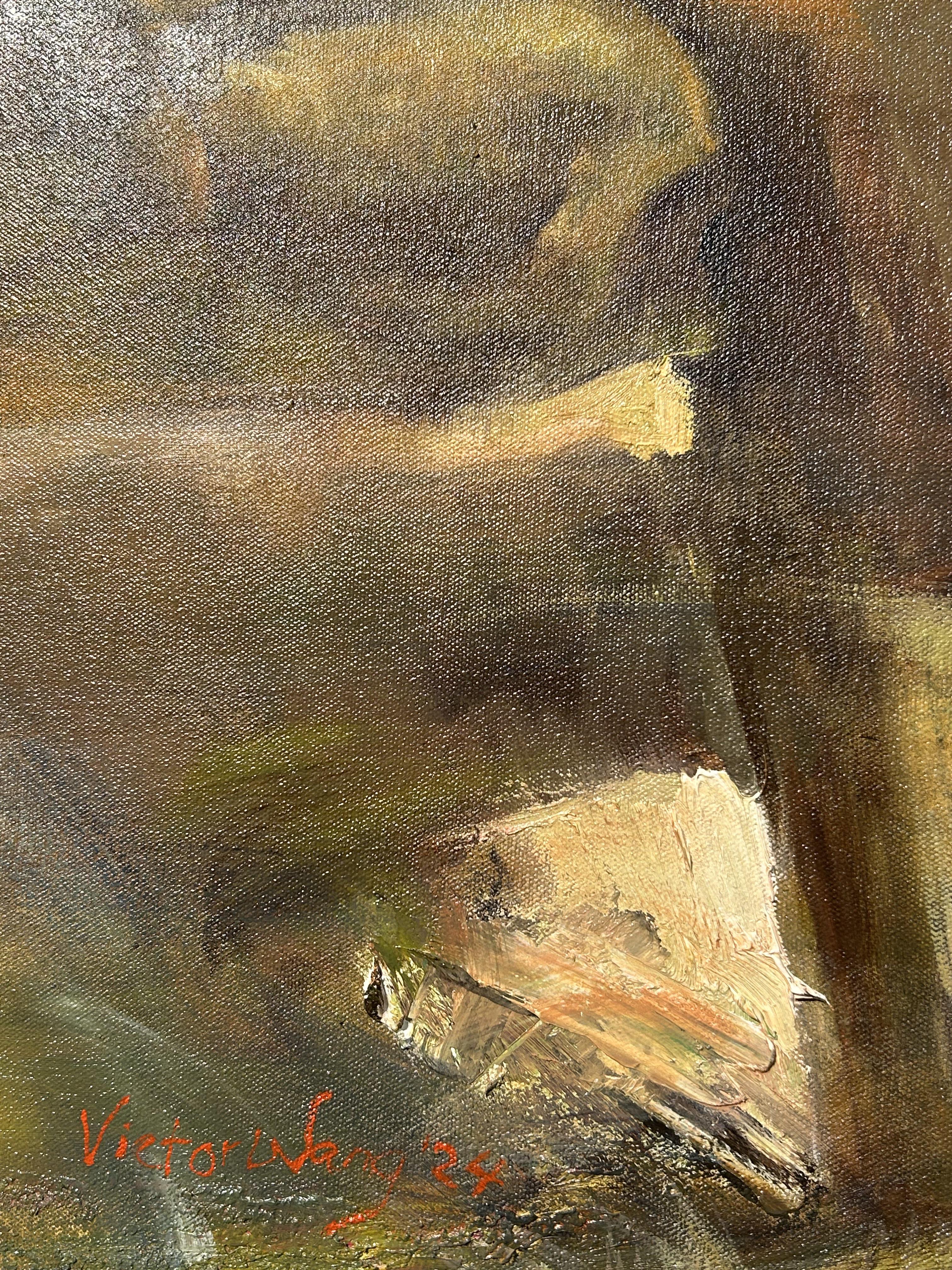 Peinture à l'huile sur toile, éclairage dramatique, texture, 