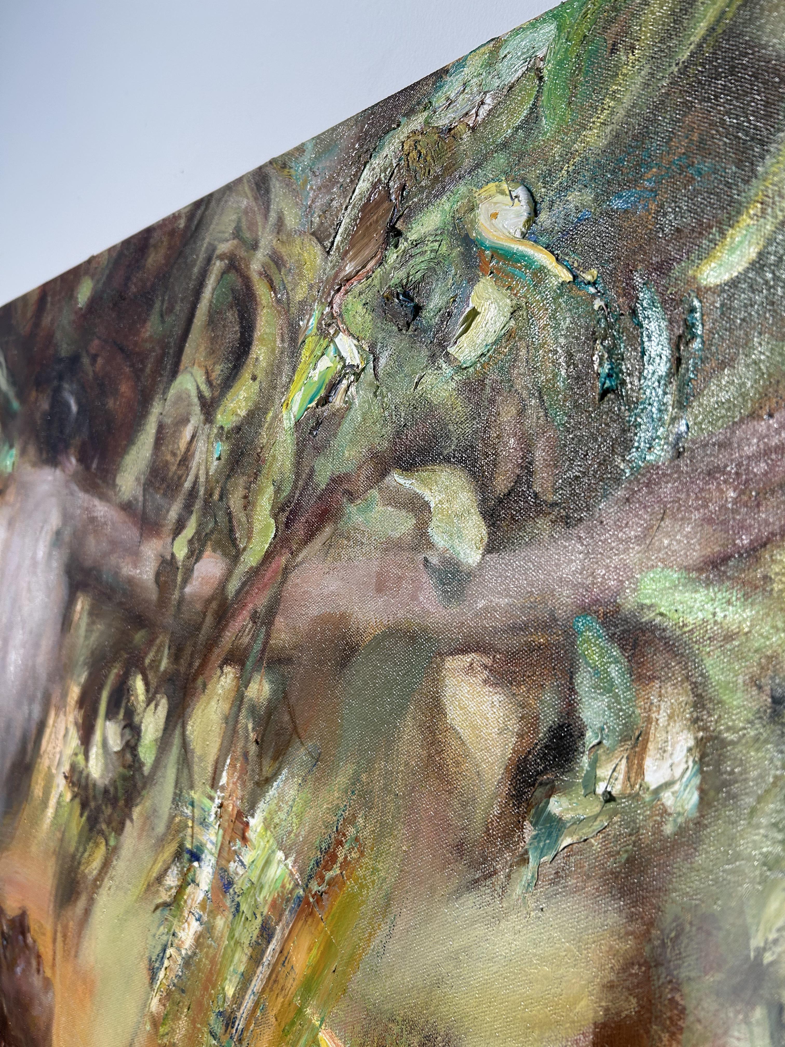 Peinture à l'huile sur toile, éclairage dramatique, texture, 