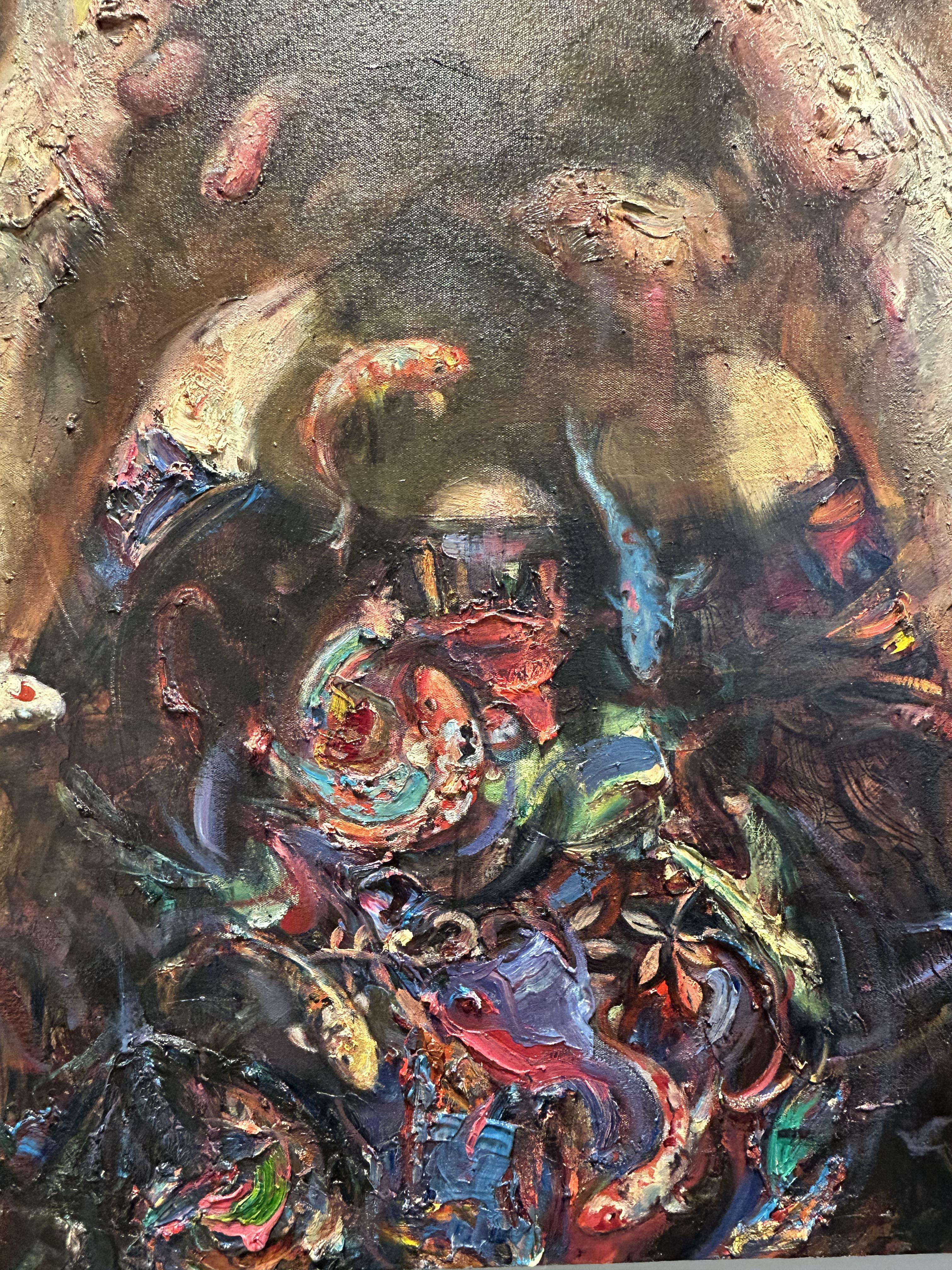 Peinture à l'huile sur toile, éclairage dramatique, texture, 
