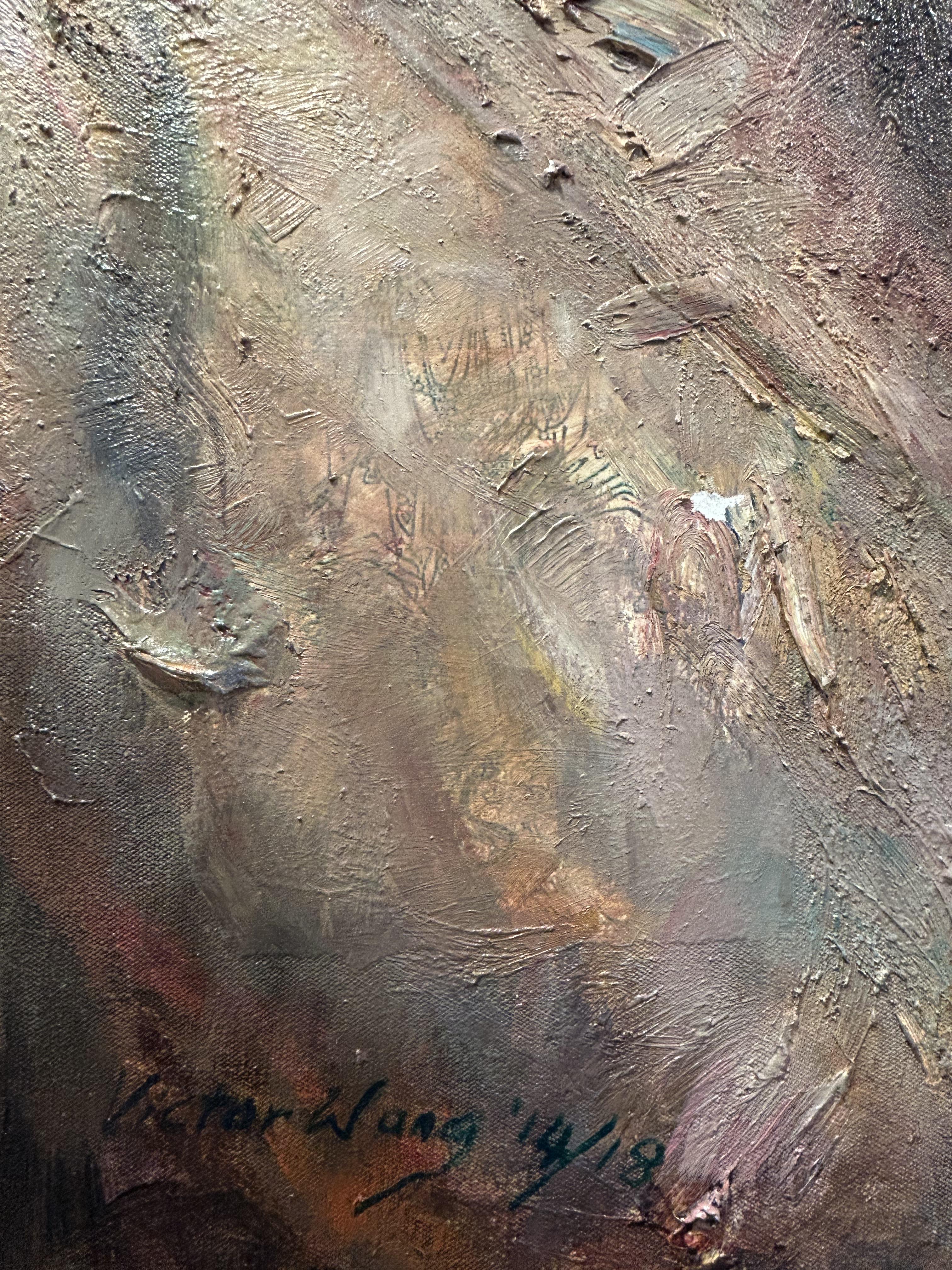 Peinture à l'huile sur toile, éclairage dramatique, texture, 