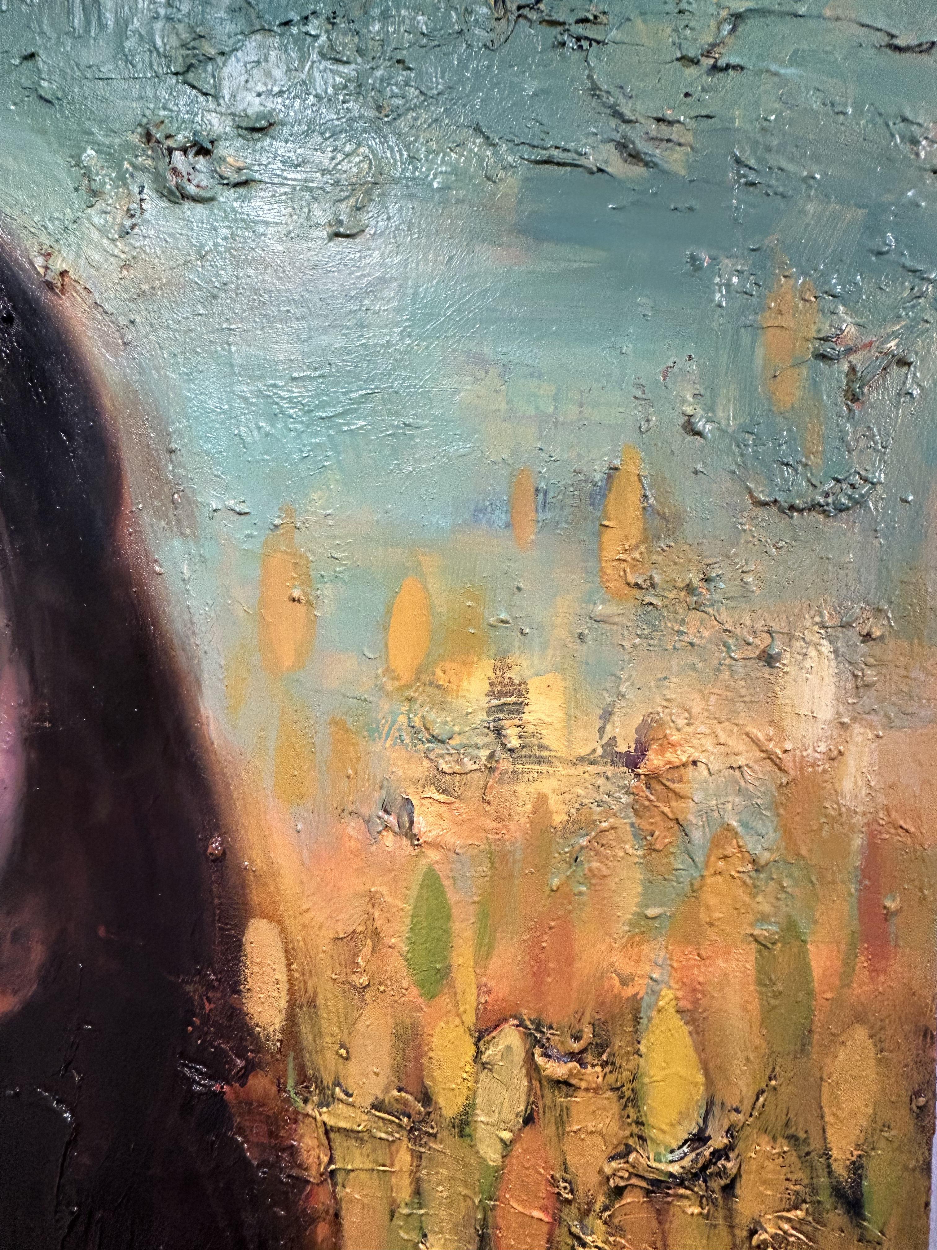 Peinture à l'huile sur toile, éclairage dramatique, texture, 
