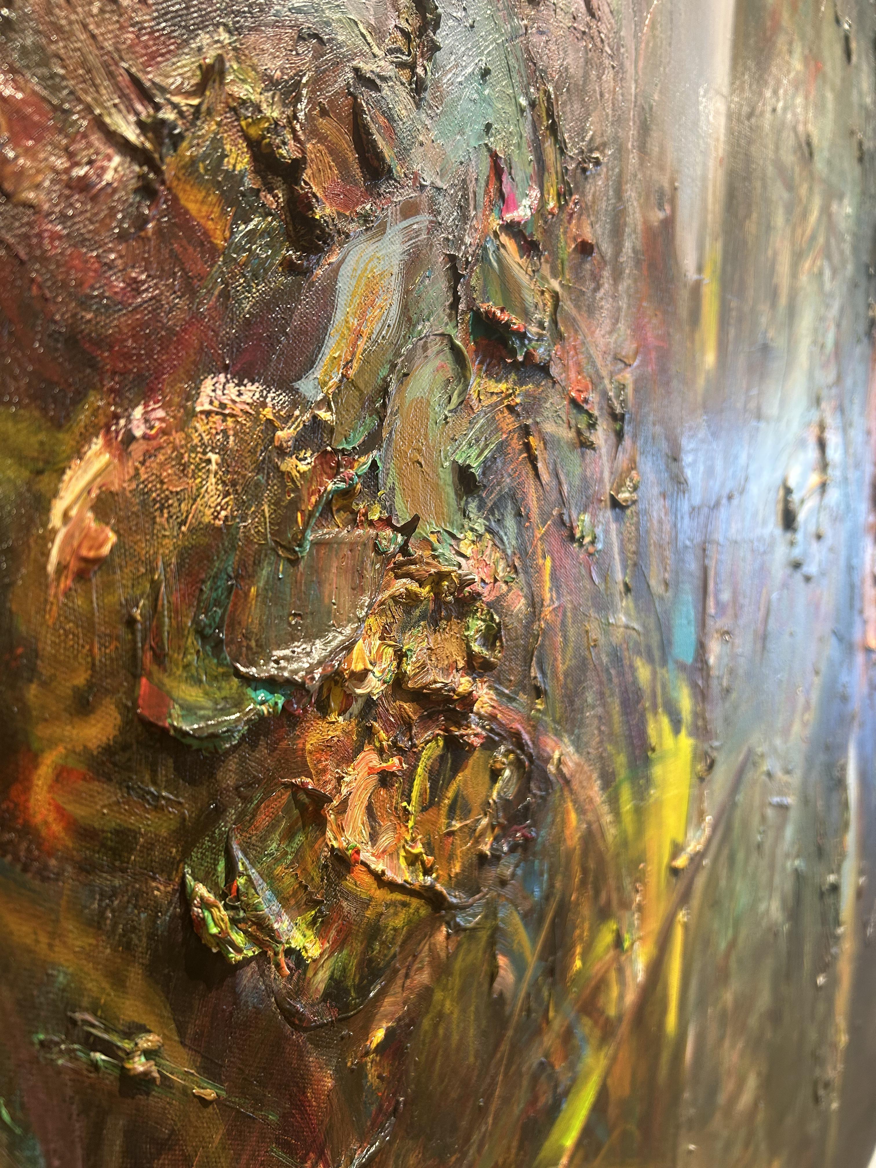 Peinture à l'huile sur toile, éclairage dramatique, texture, 